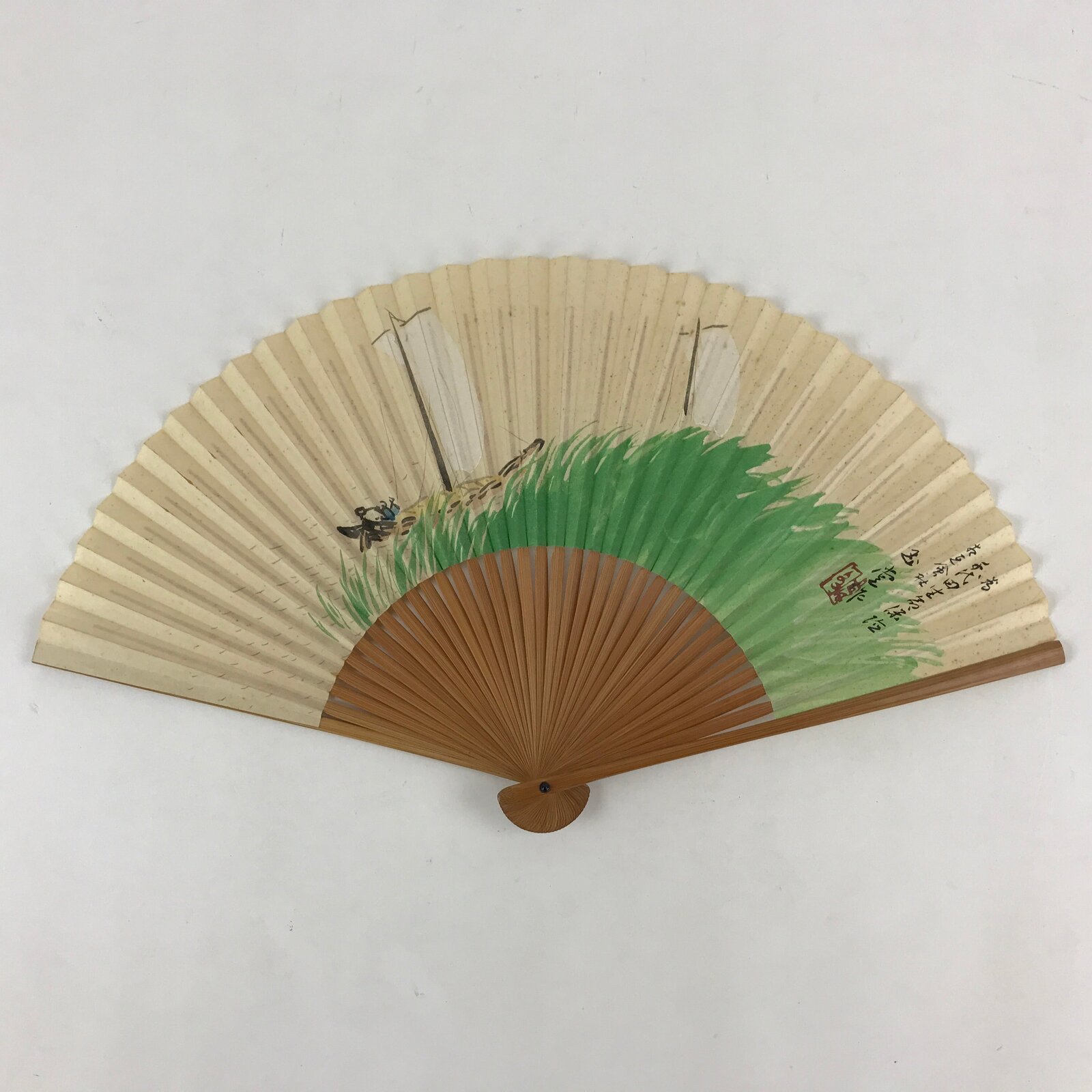 Japanese Folding Fan Sensu Vtg Bamboo Yacht Kanji Characters Cream Seal 4D665