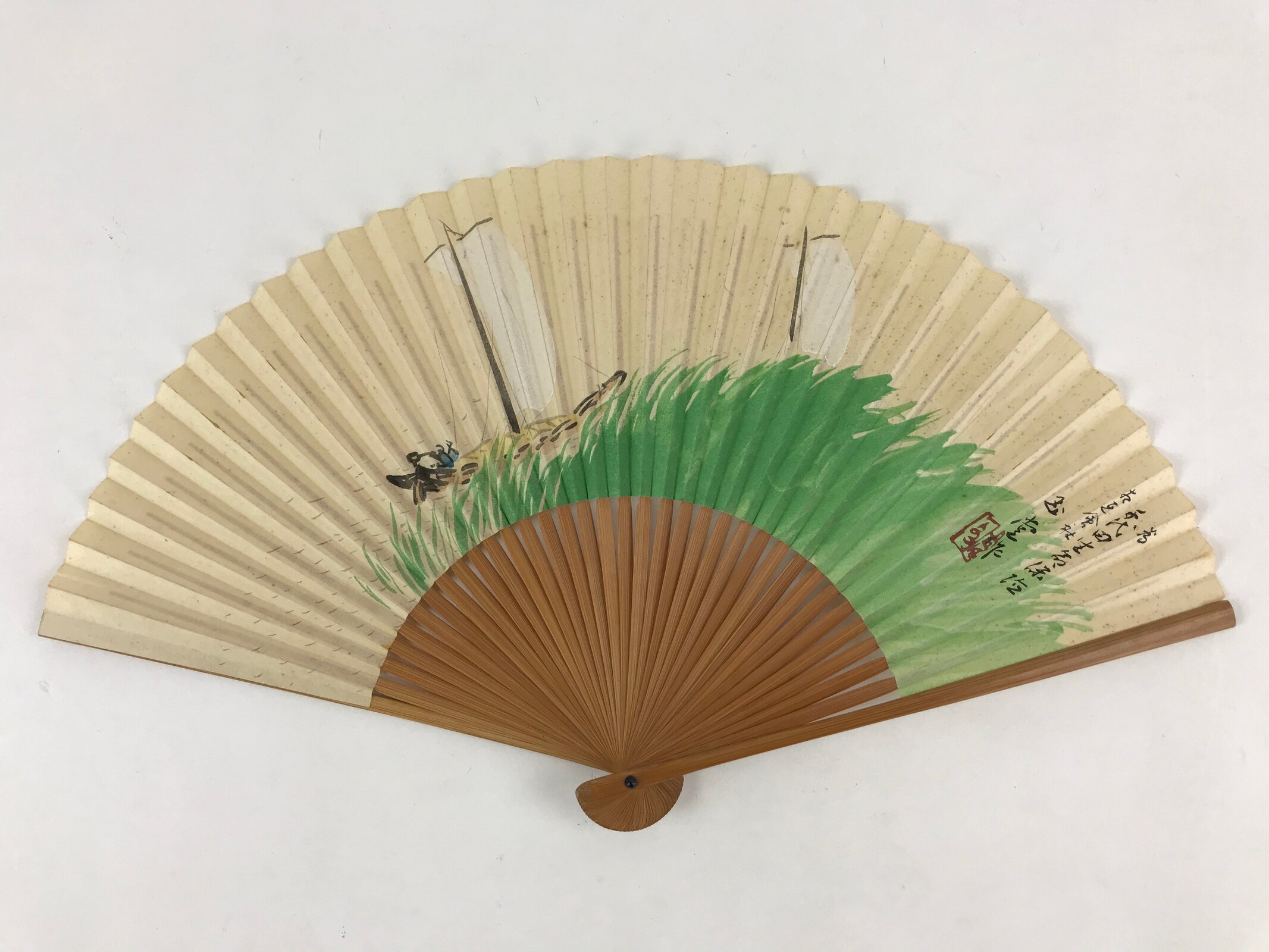 Japanese Folding Fan Sensu Vtg Bamboo Yacht Kanji Characters Cream Seal 4D665