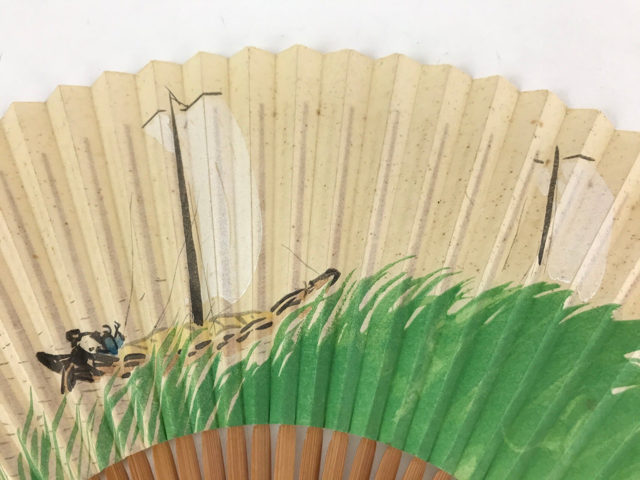 Japanese Folding Fan Sensu Vtg Bamboo Yacht Kanji Characters Cream Seal 4D665
