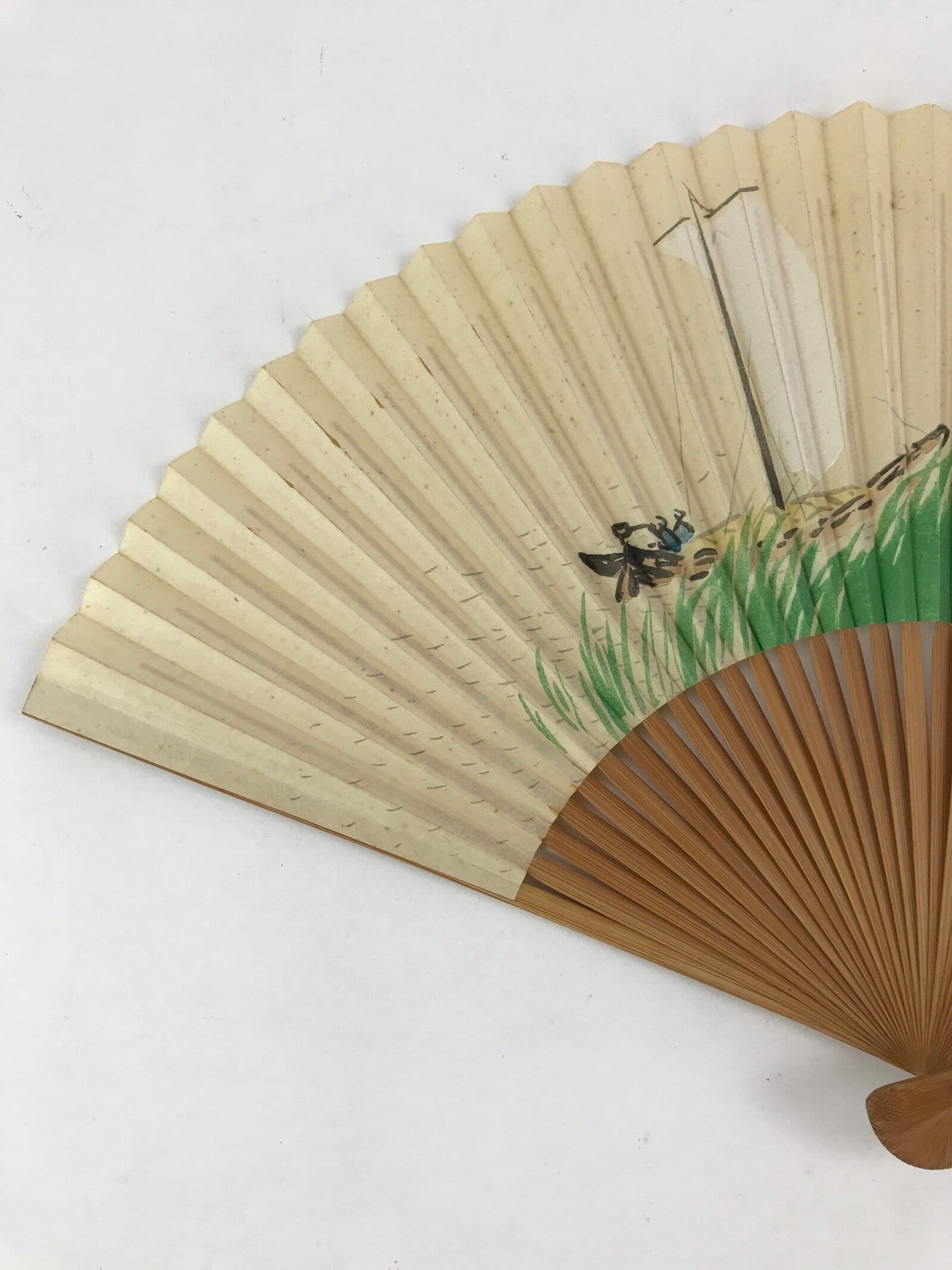 Japanese Folding Fan Sensu Vtg Bamboo Yacht Kanji Characters Cream Seal 4D665