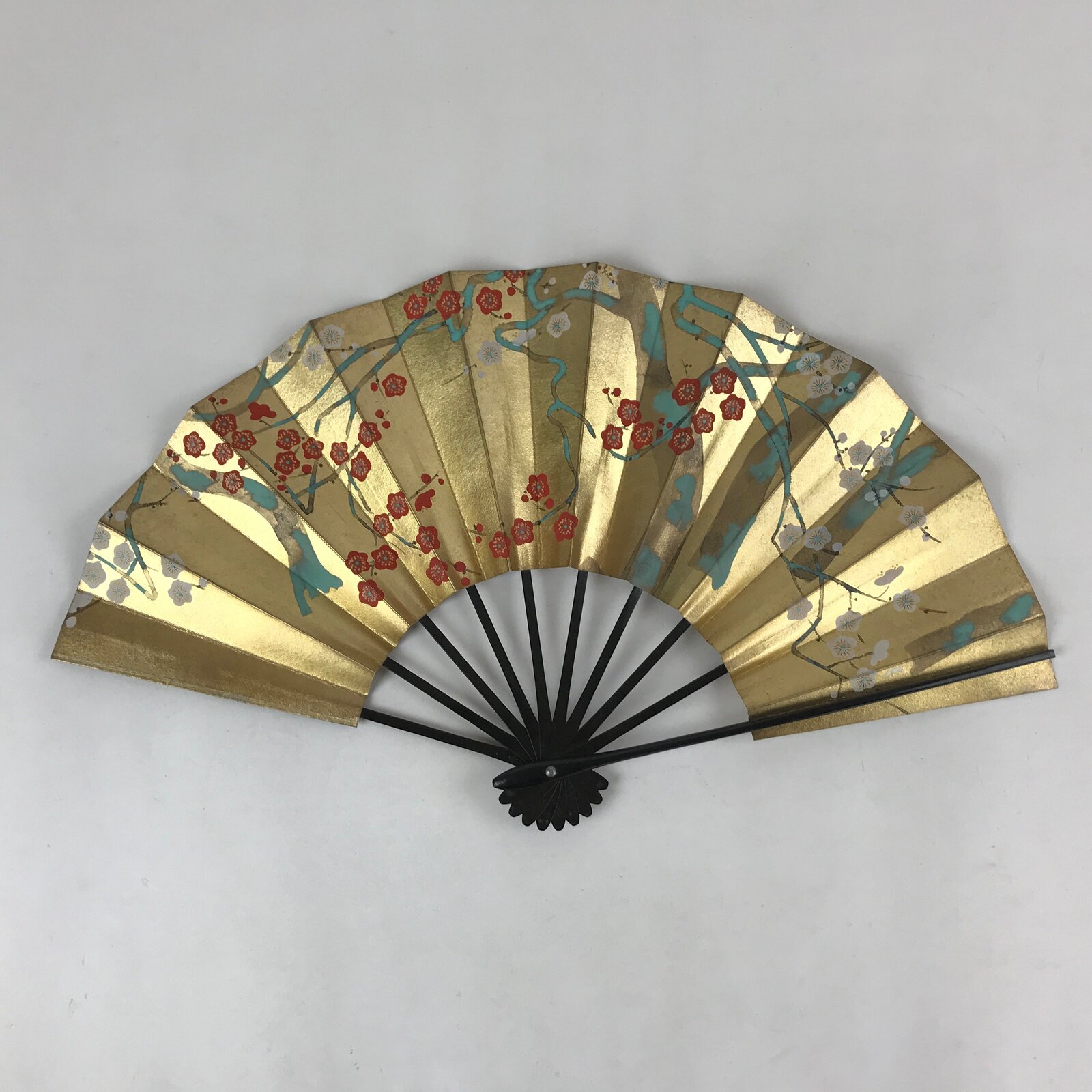 Japanese Folding Fan Shimaisen Sensu Vtg Bamboo Frame Gold Plum Blossom 4D718