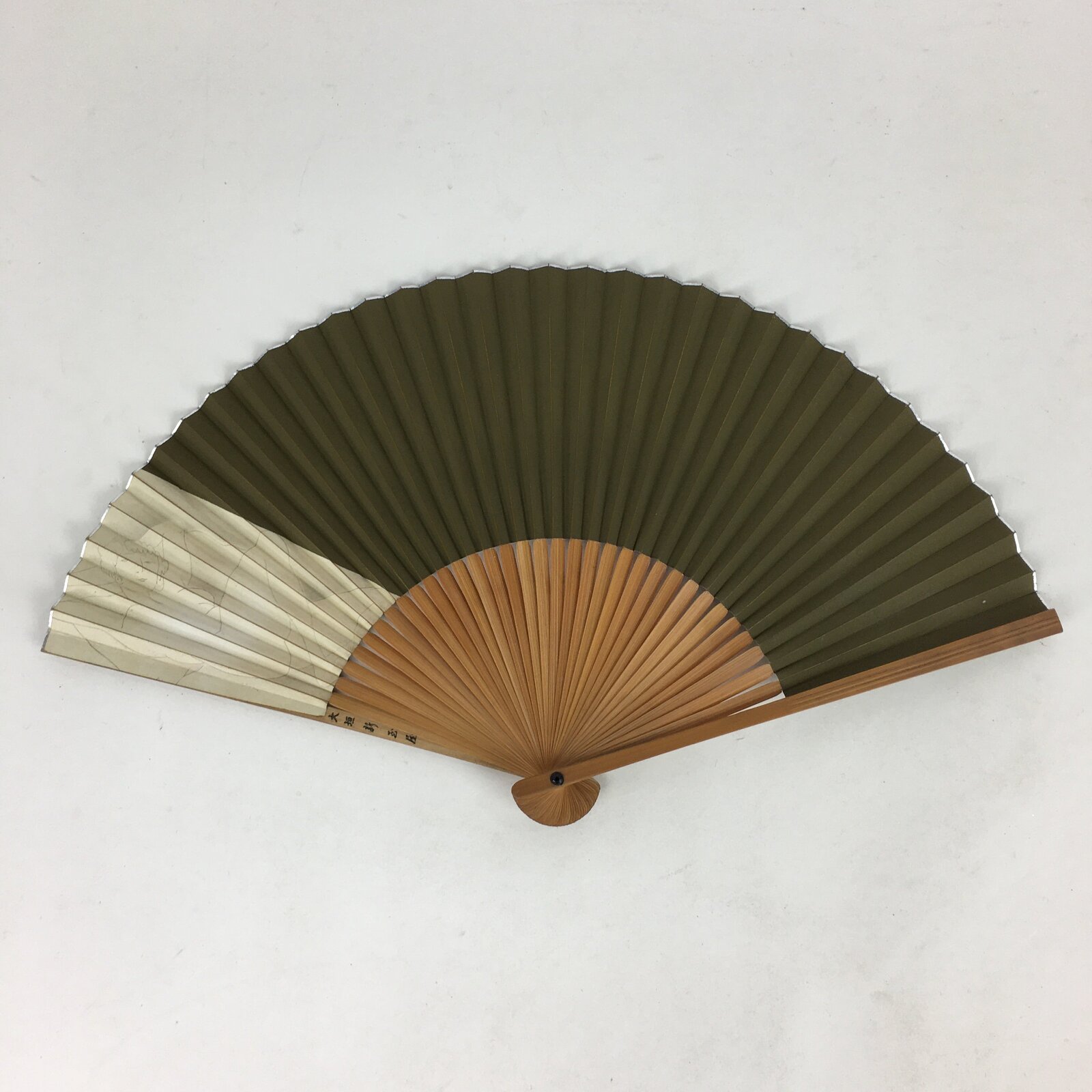 Japanese Folding Fan Vtg Sensu Bamboo Frame Green Paper Naked Woman 4D597