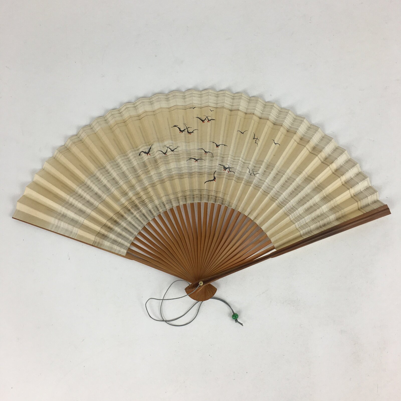 Japanese Folding Fan Vtg Sensu Bamboo Frame Paper Gold Black Birds 4D577