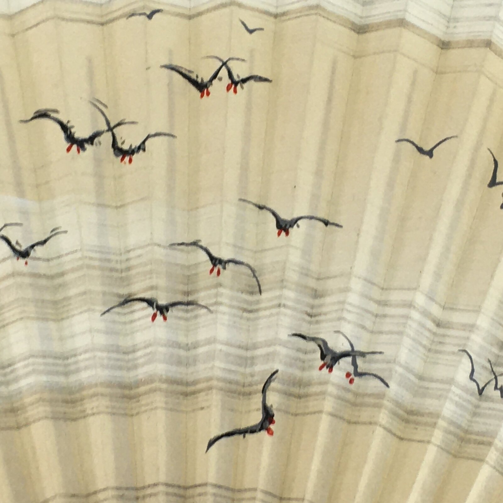 Japanese Folding Fan Vtg Sensu Bamboo Frame Paper Gold Black Birds 4D577