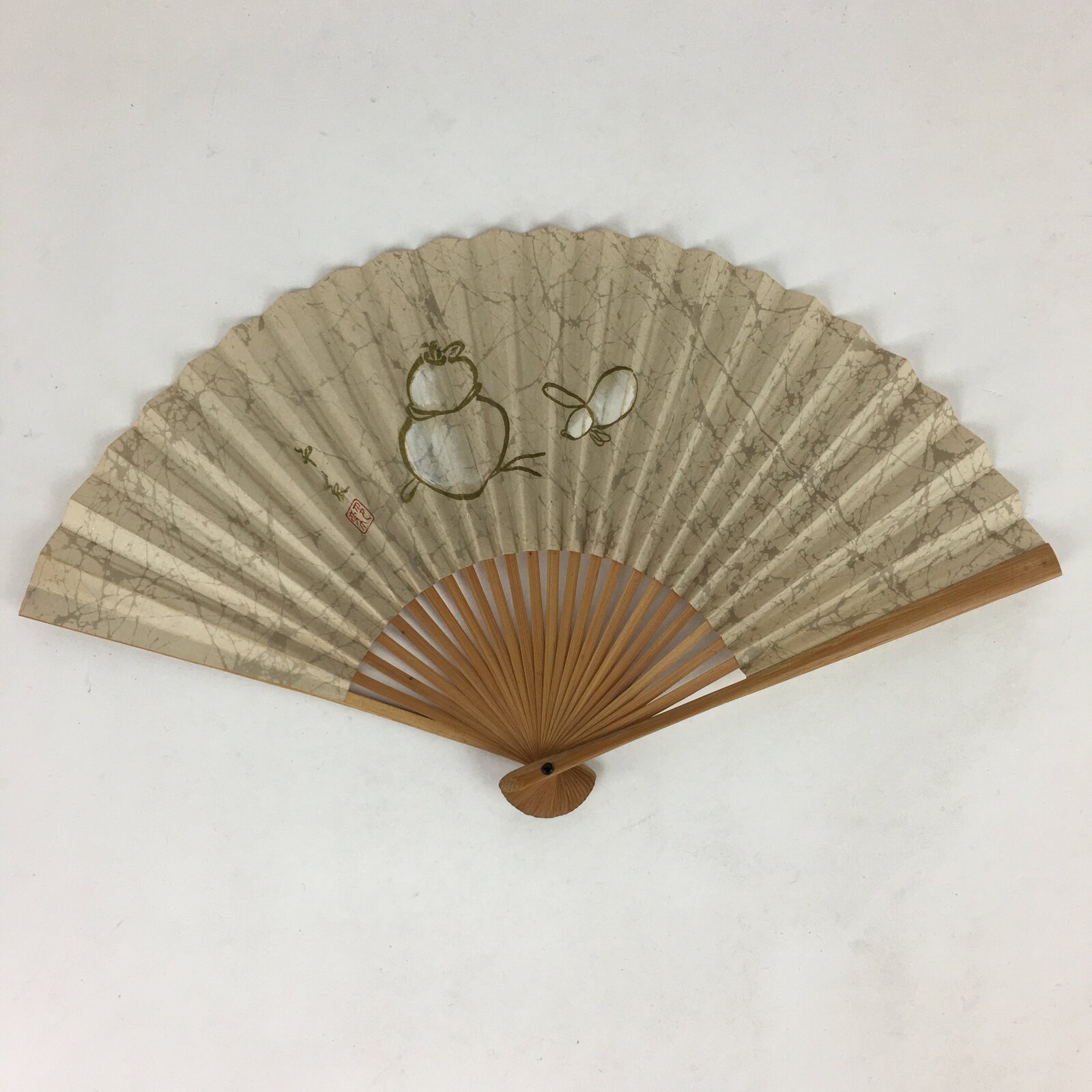 Japanese Folding Fan Vtg Sensu Bamboo Frame Paper Gourds Hyotan 4D599