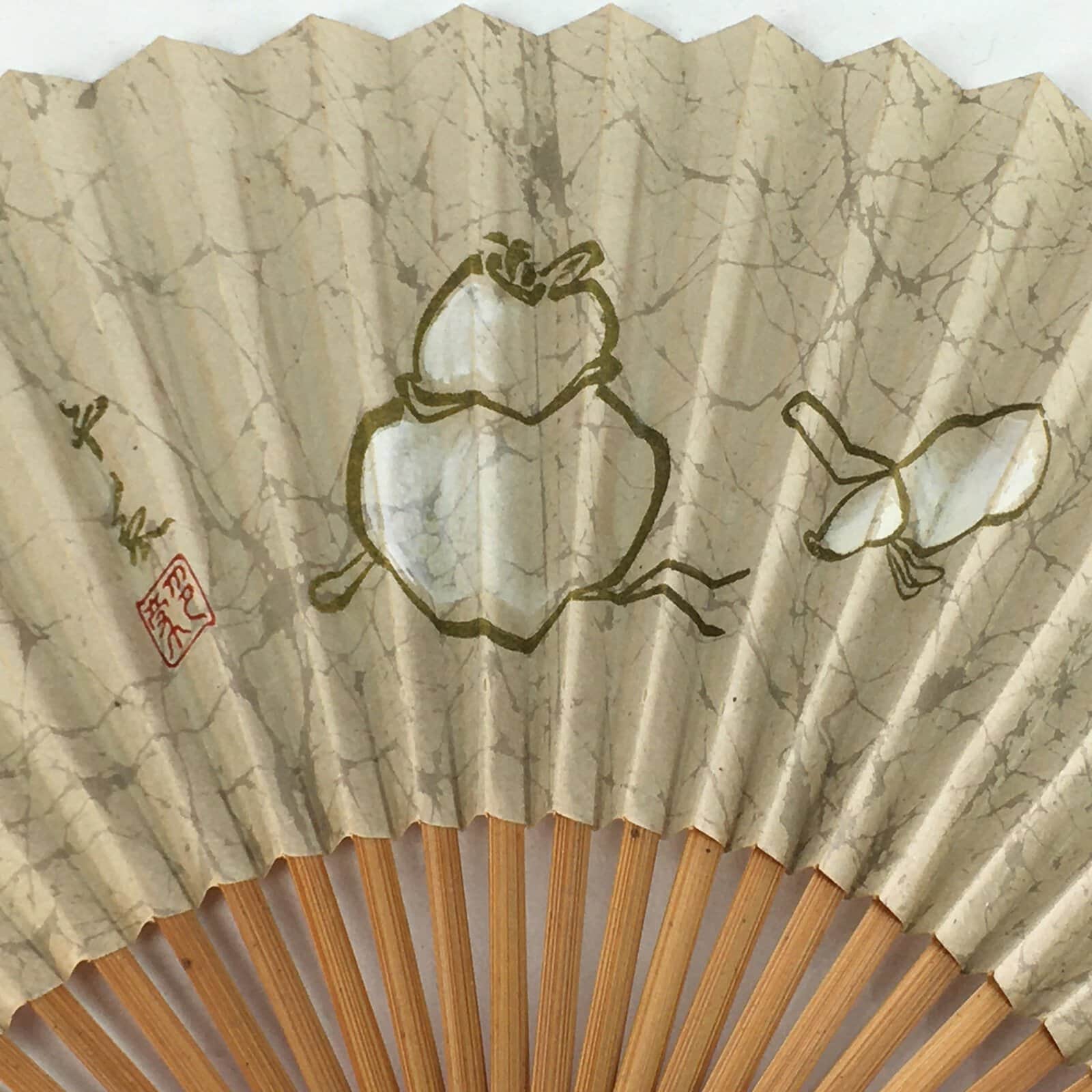Japanese Folding Fan Vtg Sensu Bamboo Frame Paper Gourds Hyotan 4D599