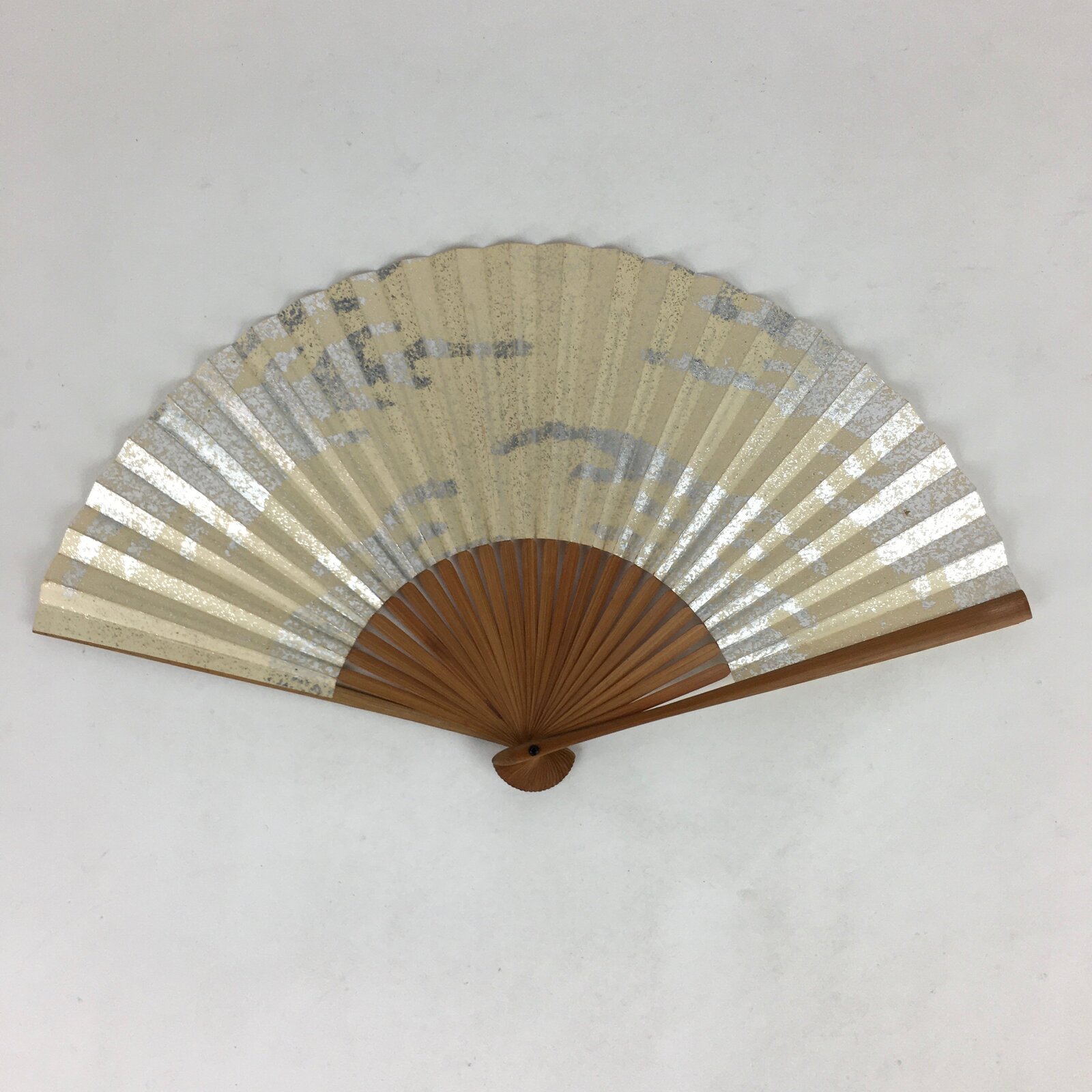 Japanese Folding Fan Vtg Sensu Bamboo Frame Paper Silver Glitter 4D598