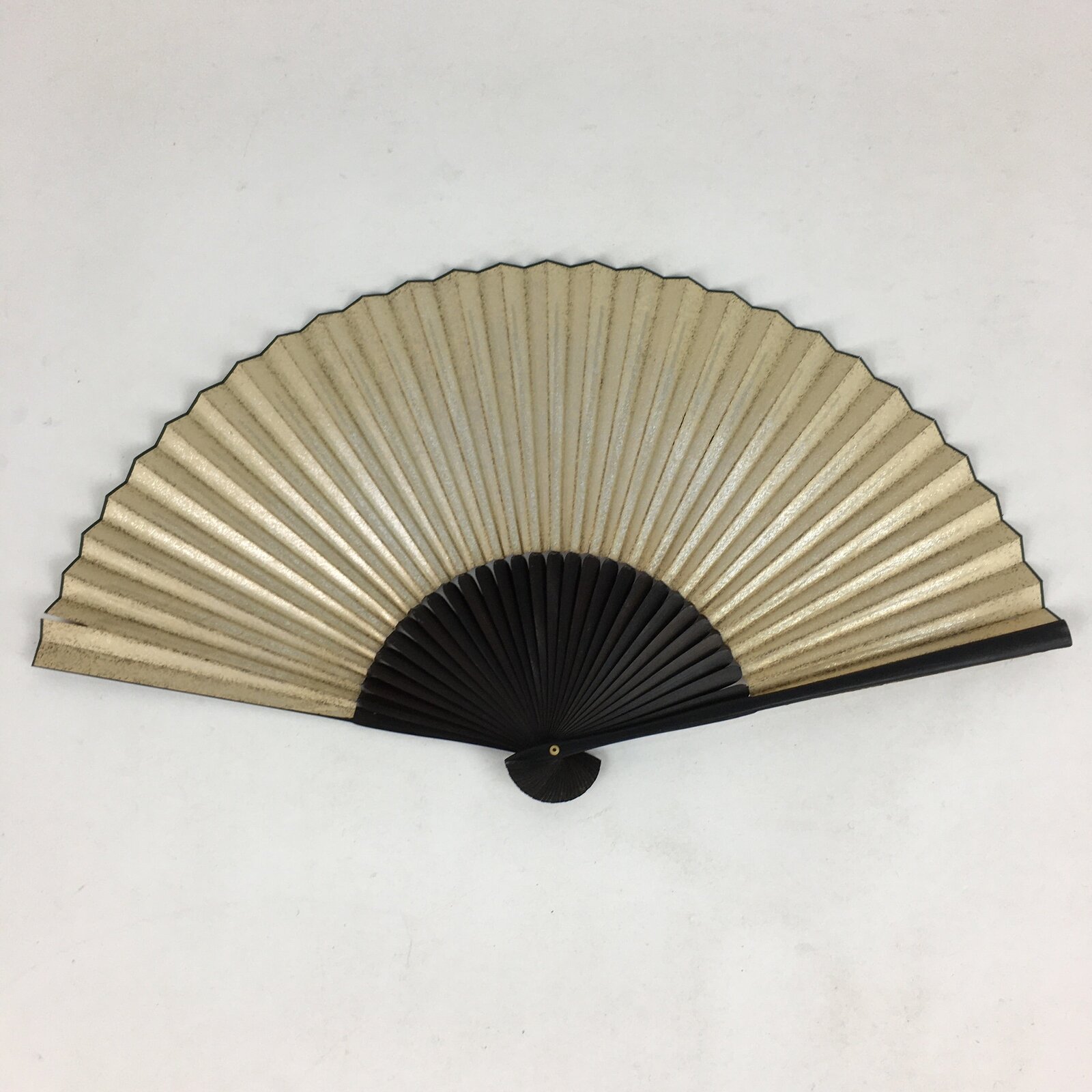 Japanese Folding Fan Vtg Sensu Black Bamboo Frame Paper Shiny Gold 4D574
