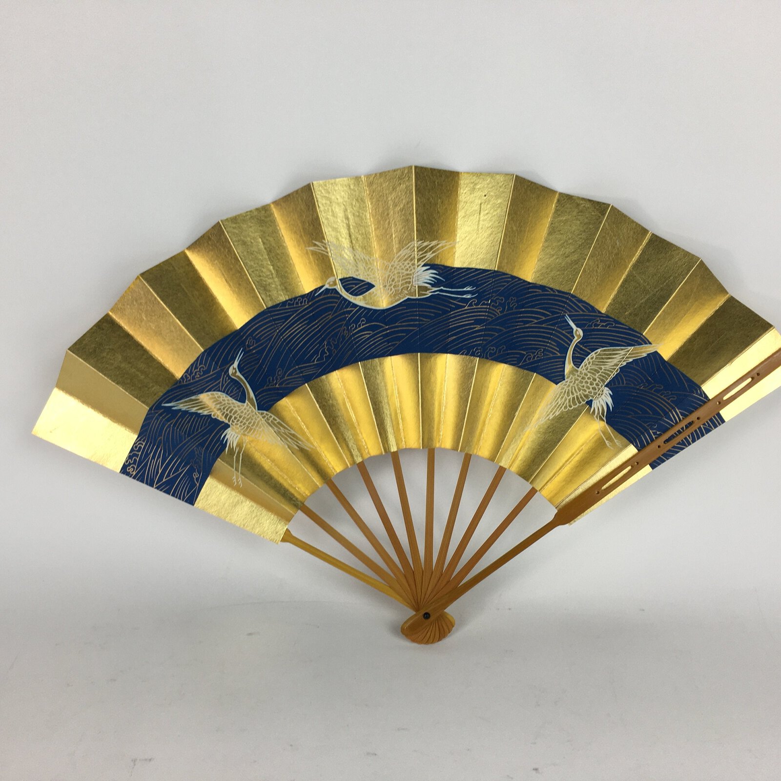 Japanese Folding Fan Vtg Sensu Paper Bamboo Frame Gold Blue Crane 4D488