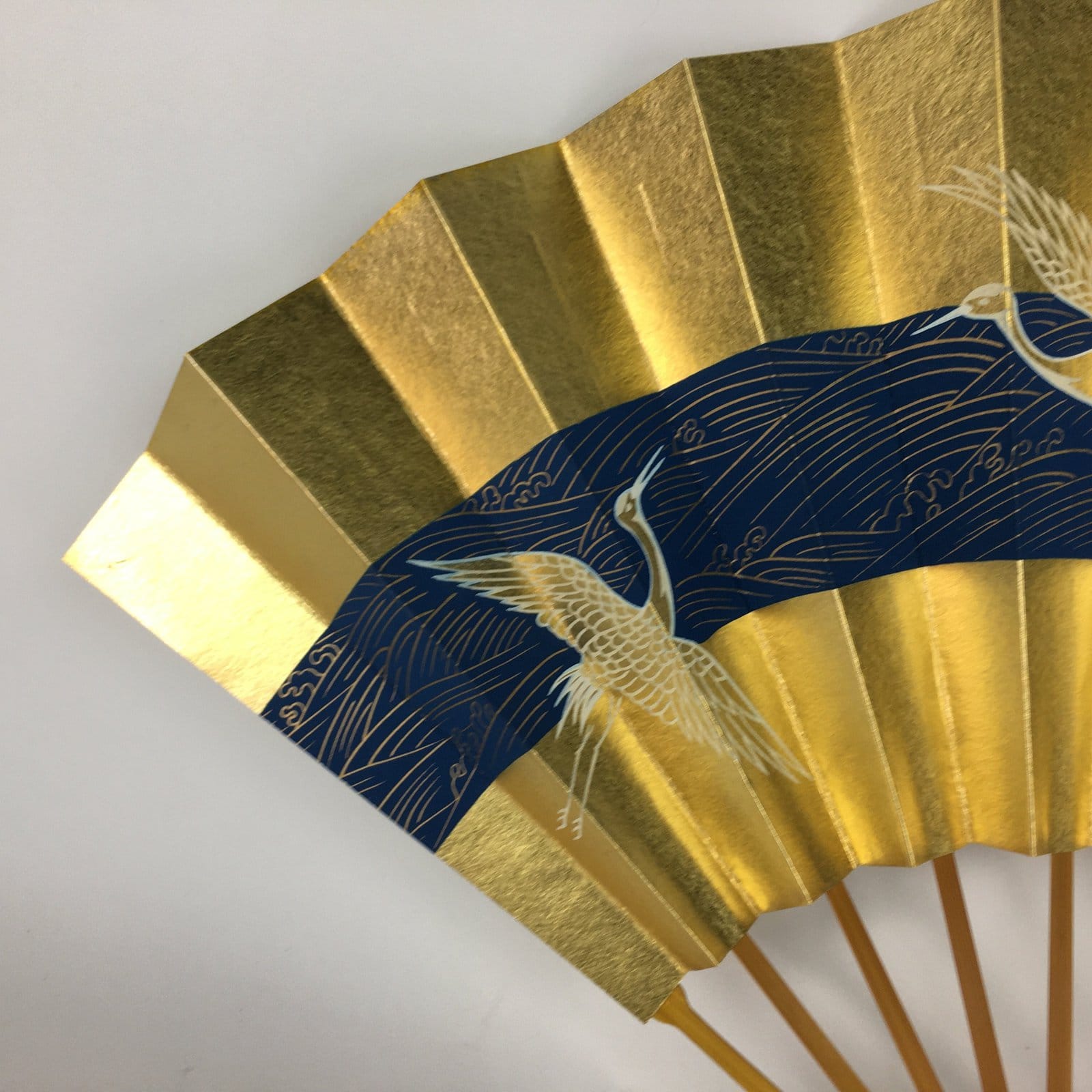 Japanese Folding Fan Vtg Sensu Paper Bamboo Frame Gold Blue Crane 4D488