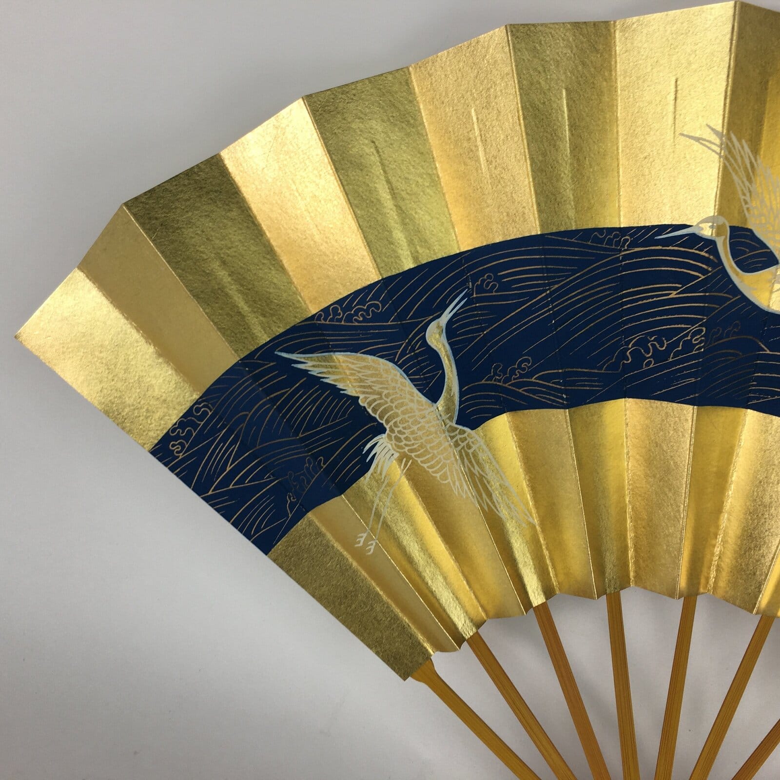 Japanese Folding Fan Vtg Sensu Paper Bamboo Frame Gold Blue Crane 4D488