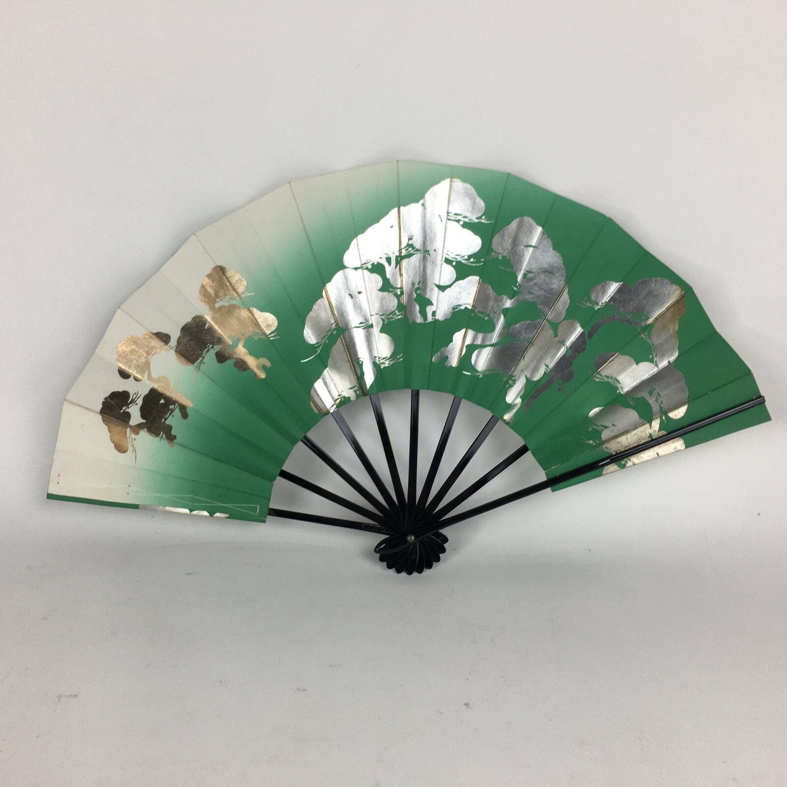 Japanese Folding Fan Vtg Sensu Paper Bamboo Frame Green Gold Silver 4D485