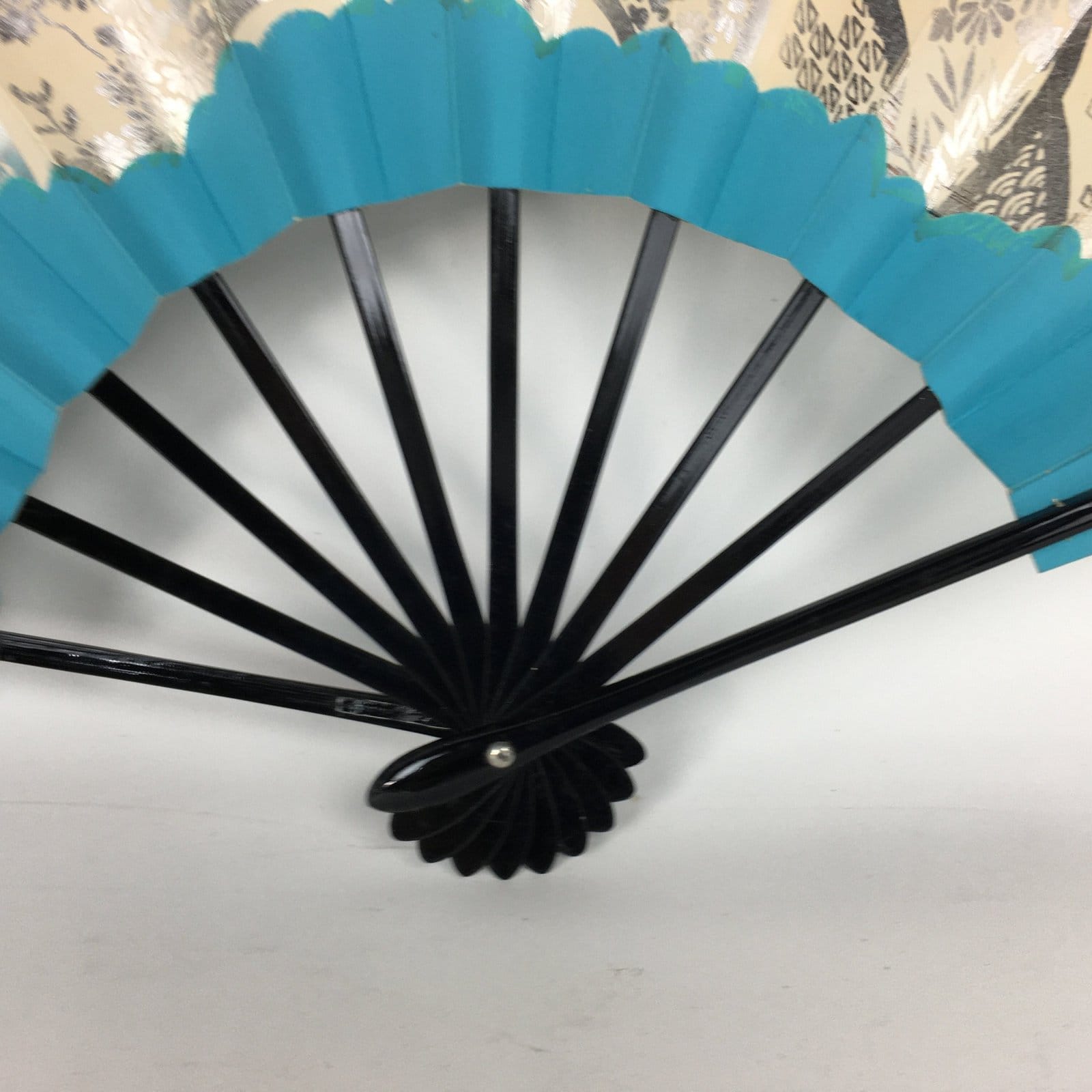 Japanese Folding Fan Vtg Sensu Paper Bamboo Frame Light Blue Silver 4D486