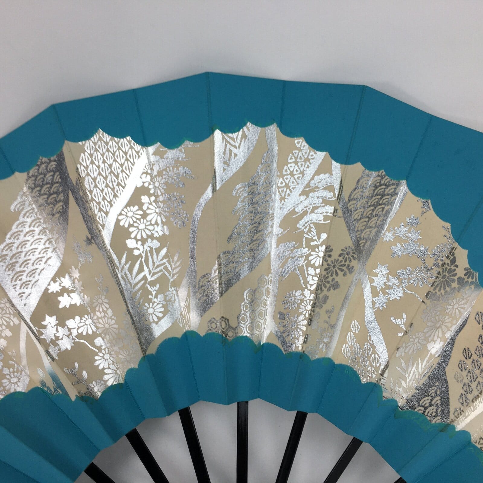 Japanese Folding Fan Vtg Sensu Paper Bamboo Frame Light Blue Silver 4D486