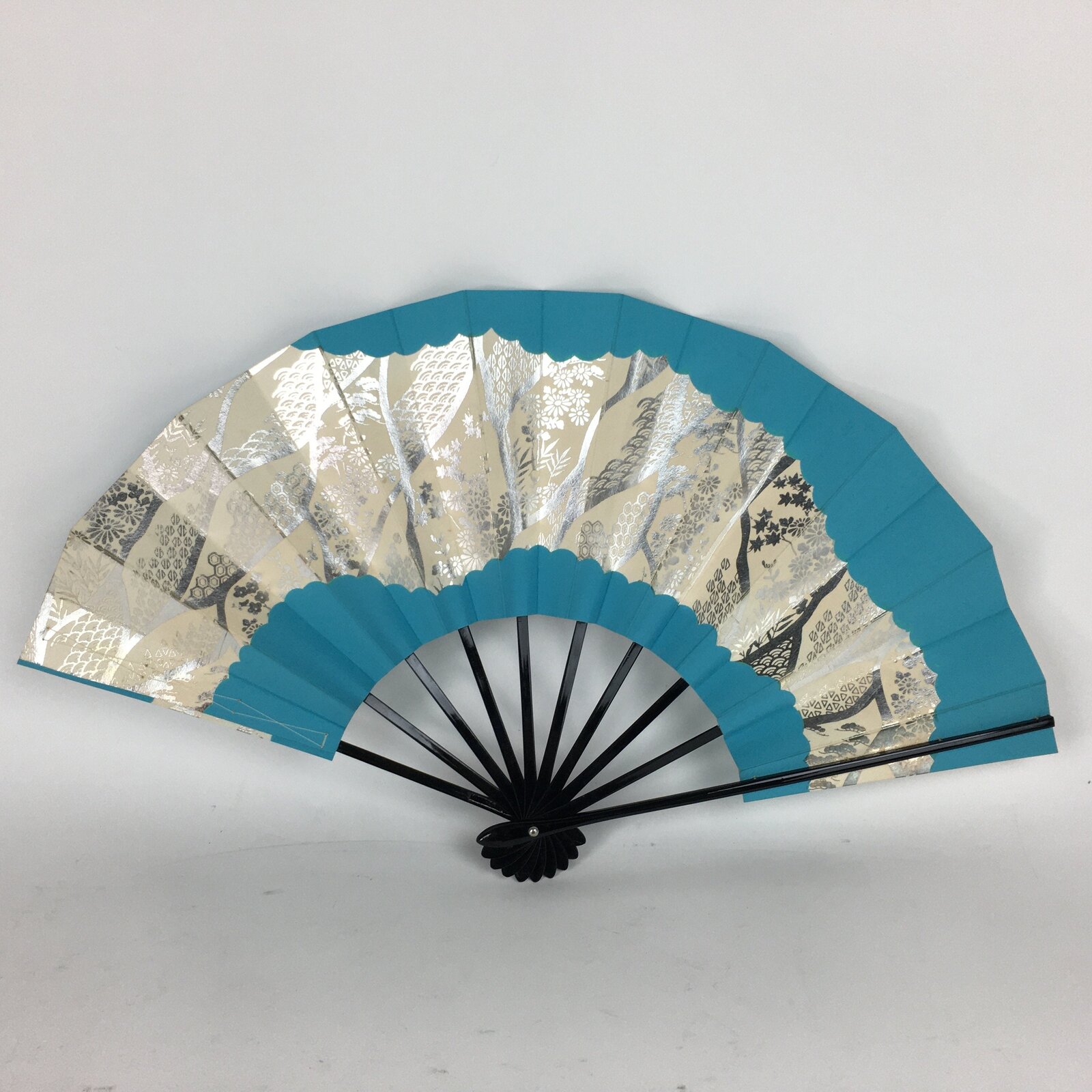 Japanese Folding Fan Vtg Sensu Paper Bamboo Frame Light Blue Silver 4D486