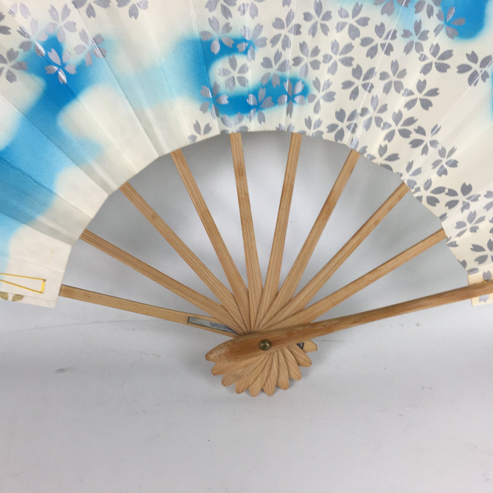 Japanese Folding Fan Vtg Sensu Paper Bamboo Frame Light Blue Silver 4D487