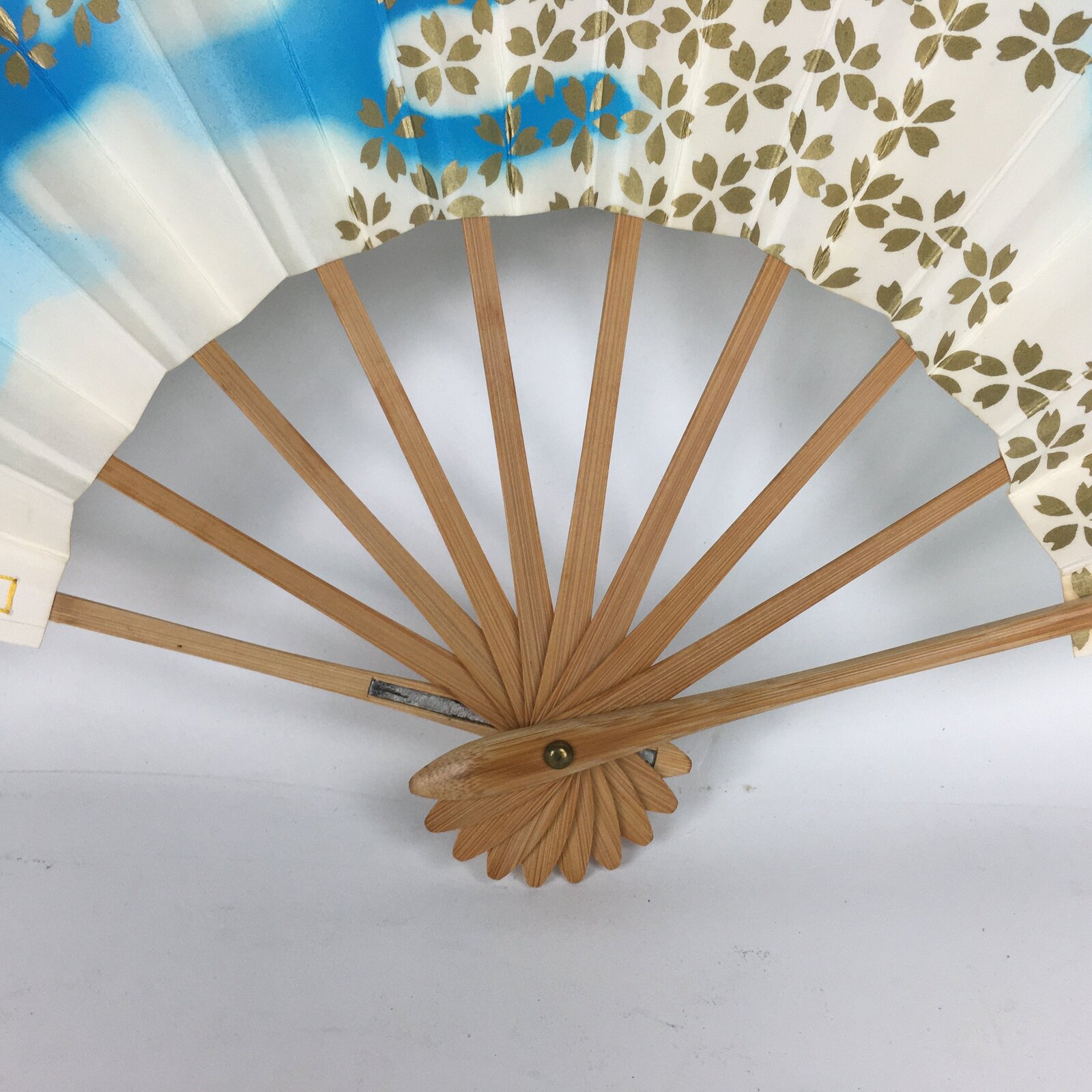 Japanese Folding Fan Vtg Sensu Paper Bamboo Frame Light Blue Silver 4D487