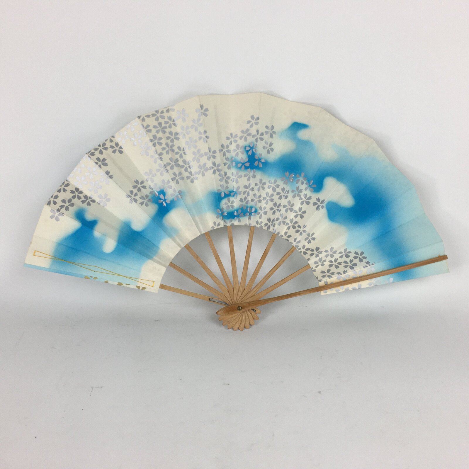 Japanese Folding Fan Vtg Sensu Paper Bamboo Frame Light Blue Silver 4D487