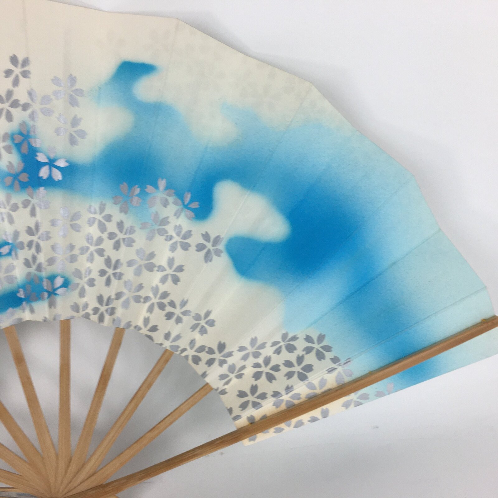 Japanese Folding Fan Vtg Sensu Paper Bamboo Frame Light Blue Silver 4D487