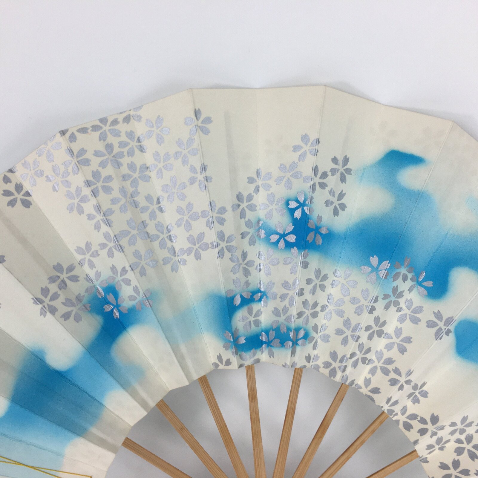Japanese Folding Fan Vtg Sensu Paper Bamboo Frame Light Blue Silver 4D487