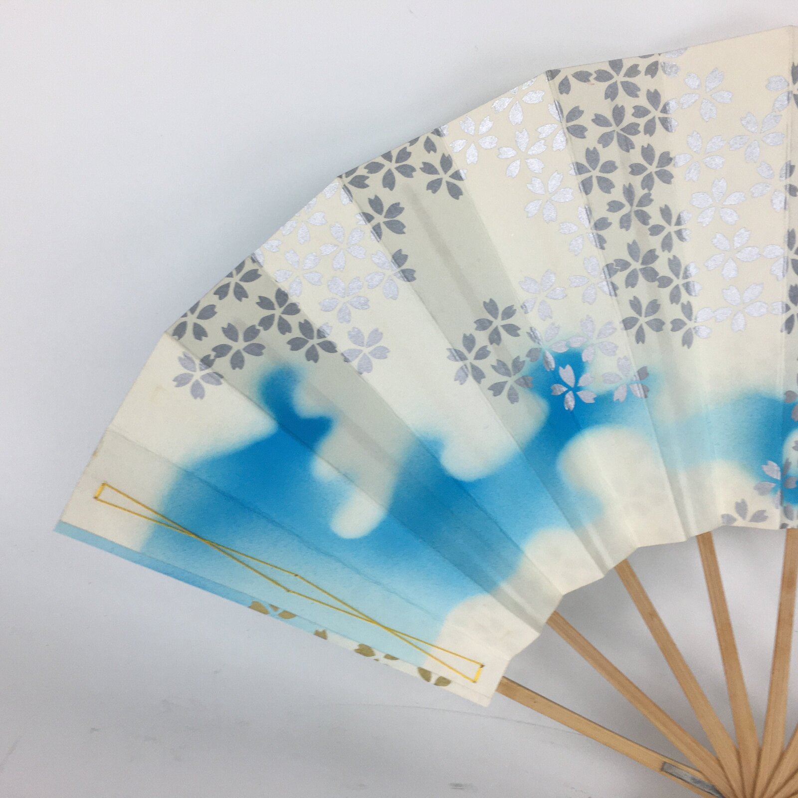 Japanese Folding Fan Vtg Sensu Paper Bamboo Frame Light Blue Silver 4D487