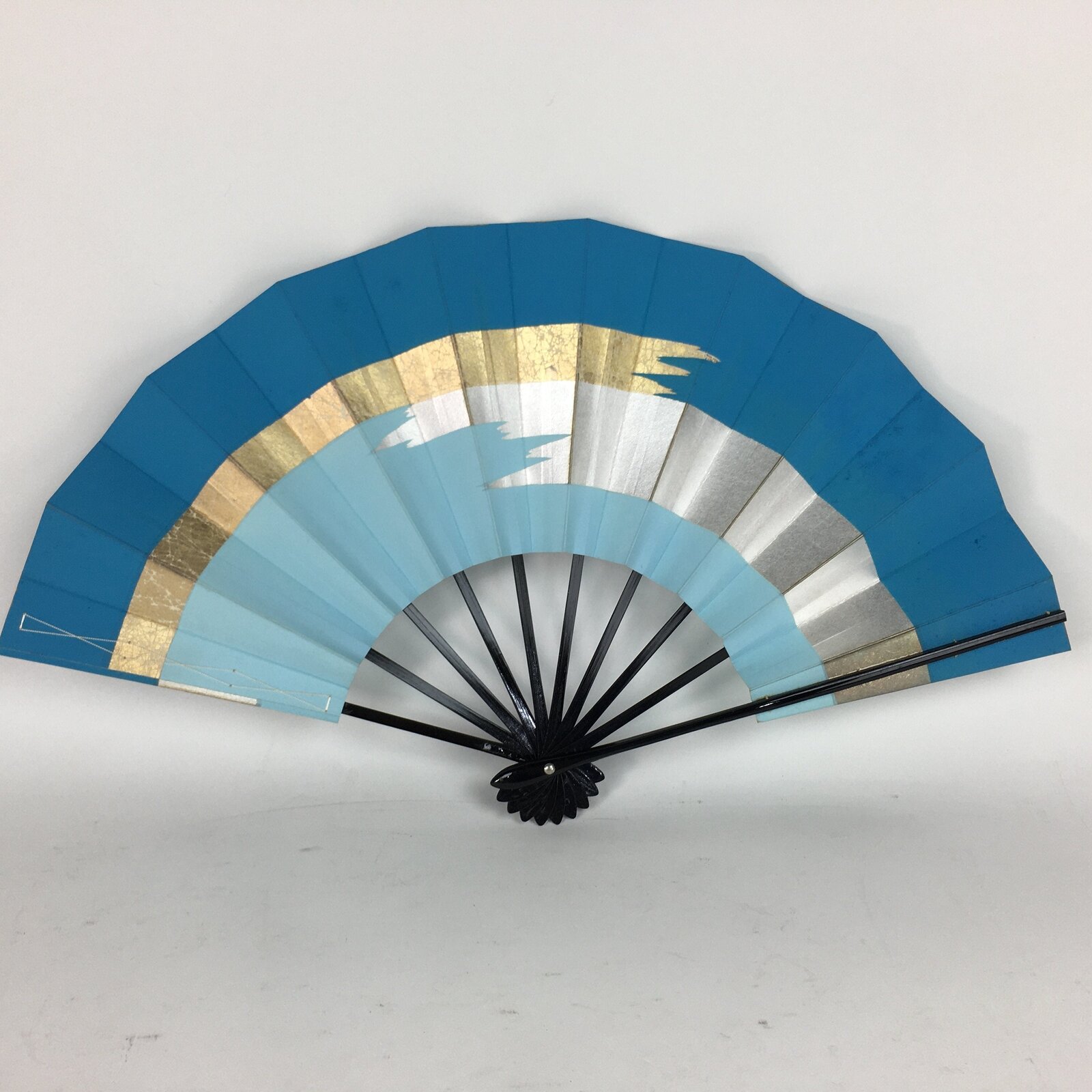 Japanese Folding Fan Vtg Sensu Paper Bamboo Frame Light Blue Silver Gold 4D489