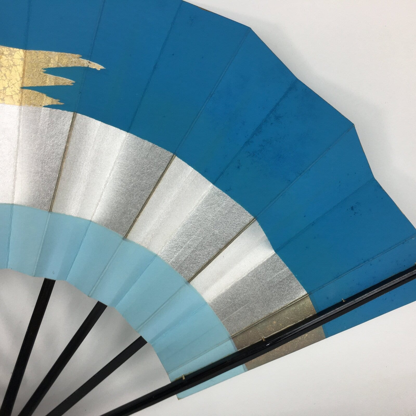 Japanese Folding Fan Vtg Sensu Paper Bamboo Frame Light Blue Silver Gold 4D489
