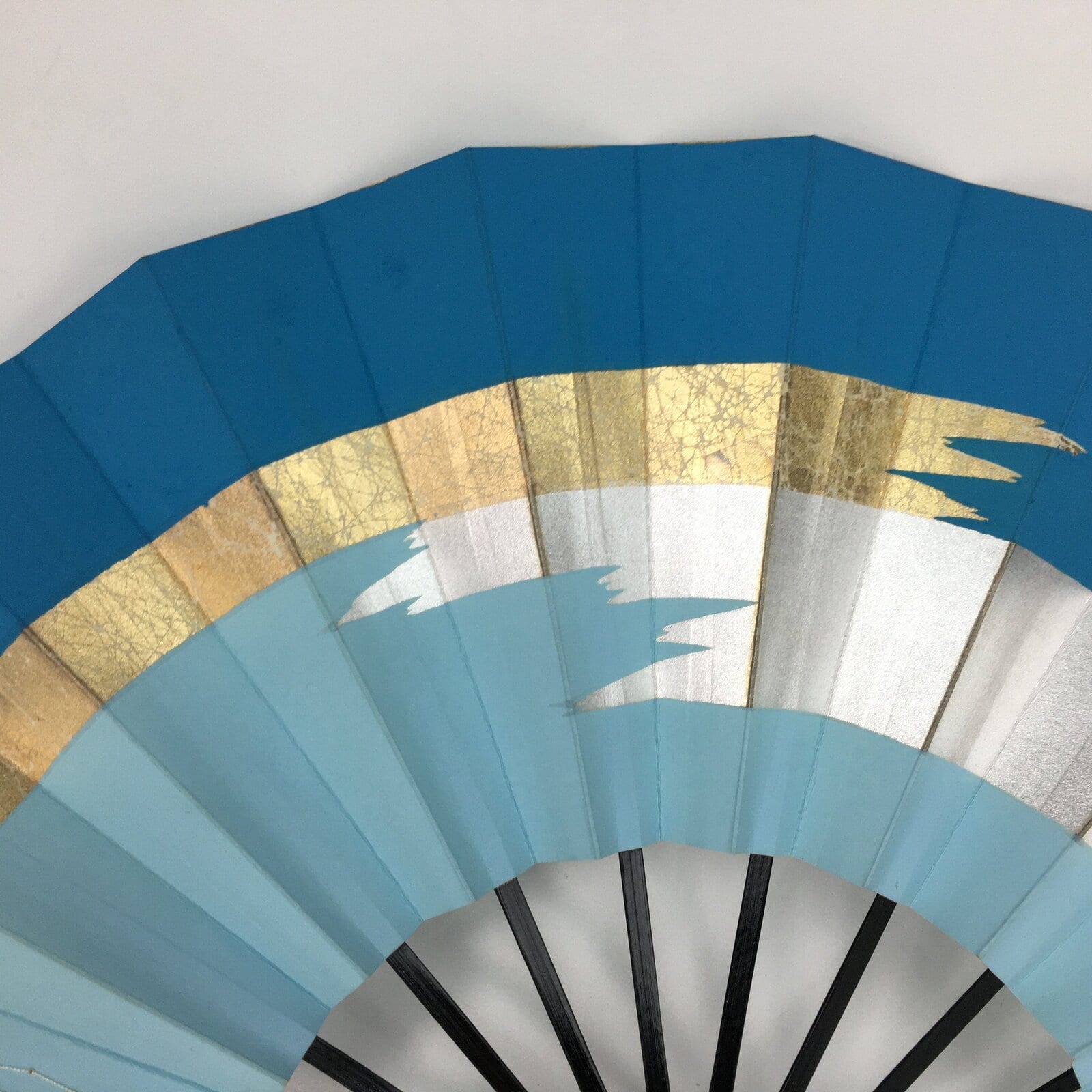Japanese Folding Fan Vtg Sensu Paper Bamboo Frame Light Blue Silver Gold 4D489