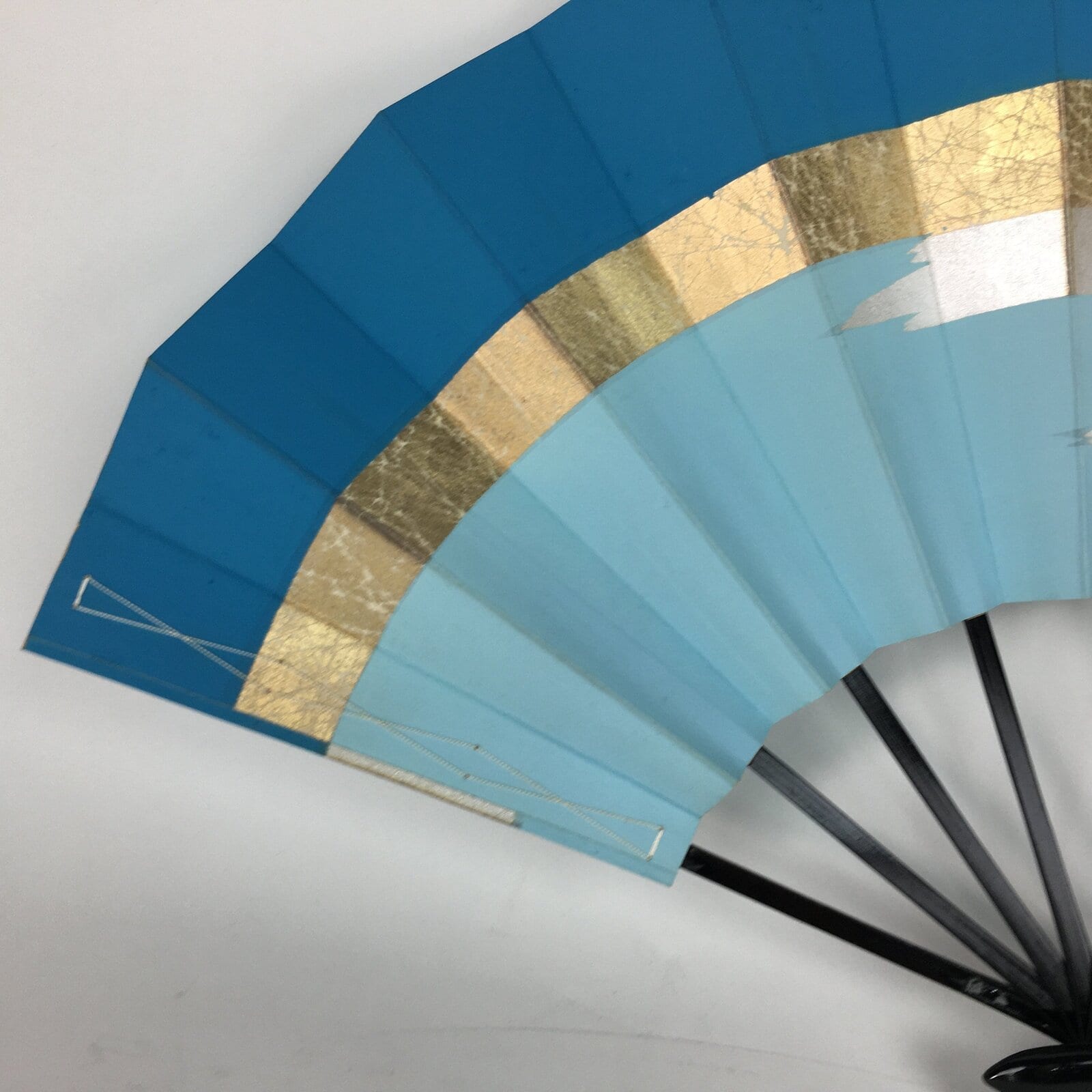 Japanese Folding Fan Vtg Sensu Paper Bamboo Frame Light Blue Silver Gold 4D489