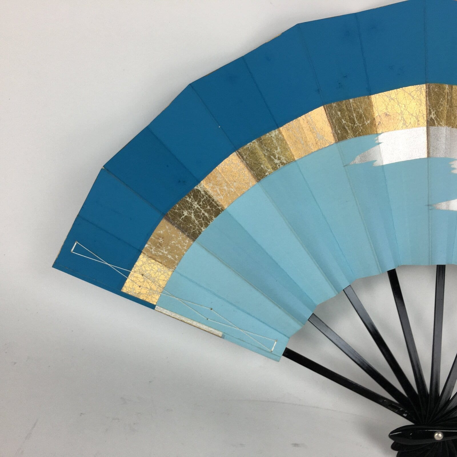 Japanese Folding Fan Vtg Sensu Paper Bamboo Frame Light Blue Silver Gold 4D489
