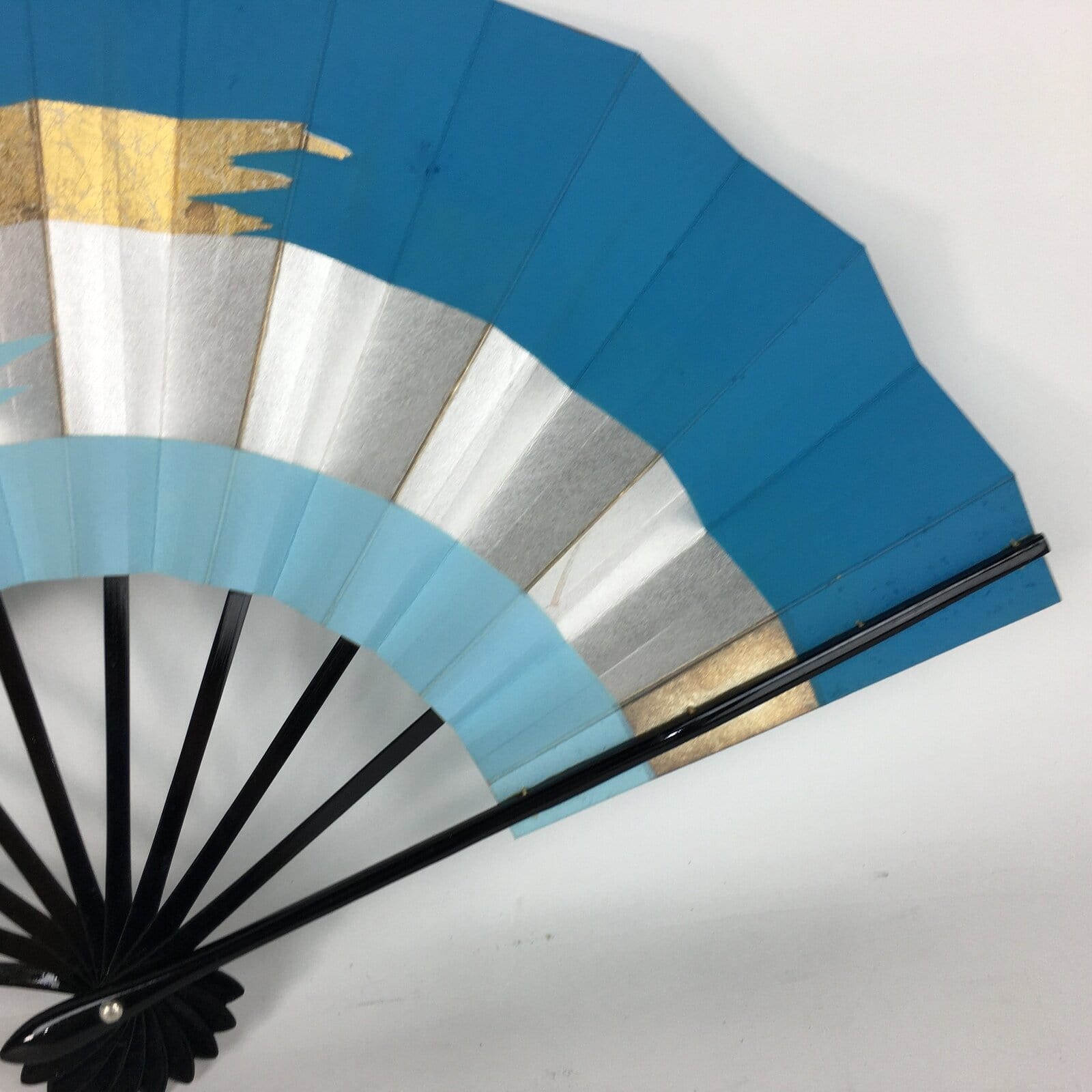 Japanese Folding Fan Vtg Sensu Paper Bamboo Frame Light Blue Silver Gold 4D489