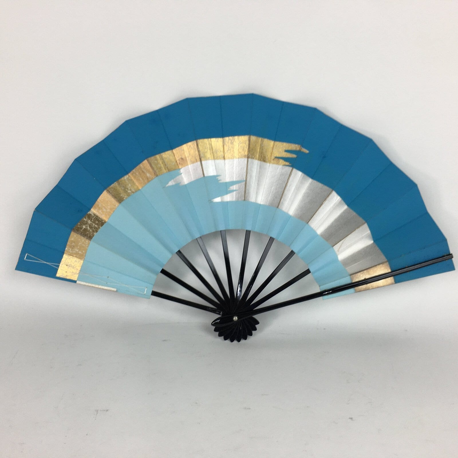 Japanese Folding Fan Vtg Sensu Paper Bamboo Frame Light Blue Silver Gold 4D489