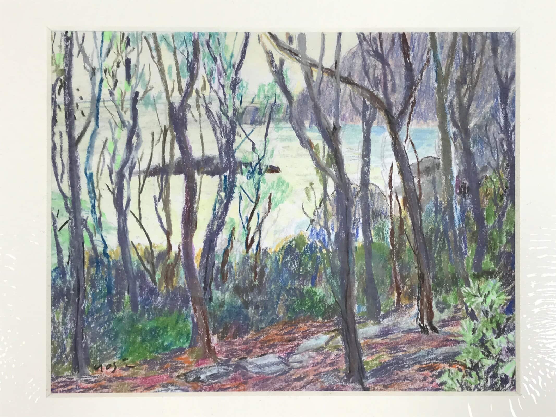 Japanese Forest Trees Scenery Pastel Drawing Art Signed Yoshihiro Hagino FL338