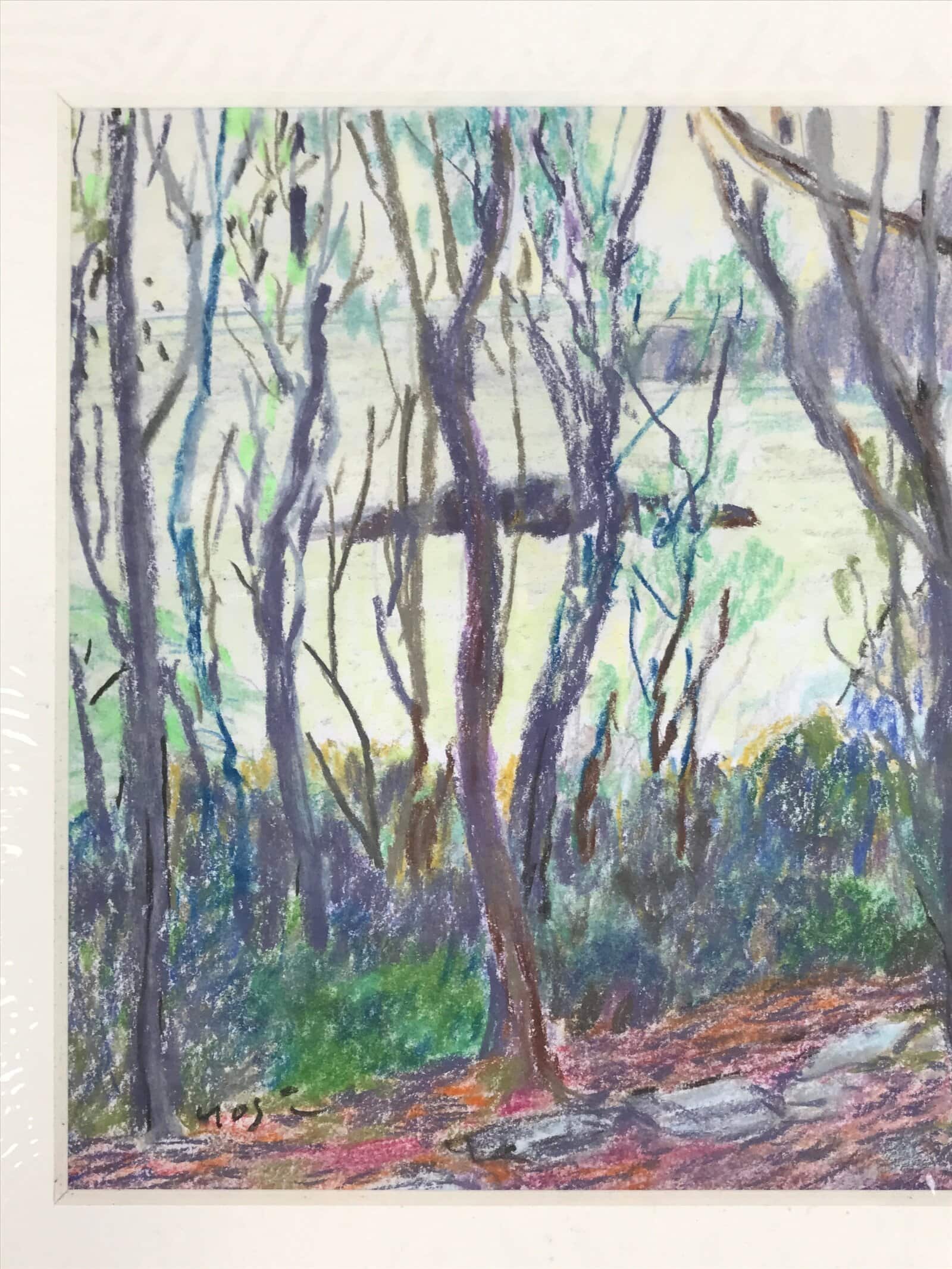 Japanese Forest Trees Scenery Pastel Drawing Art Signed Yoshihiro Hagino FL338