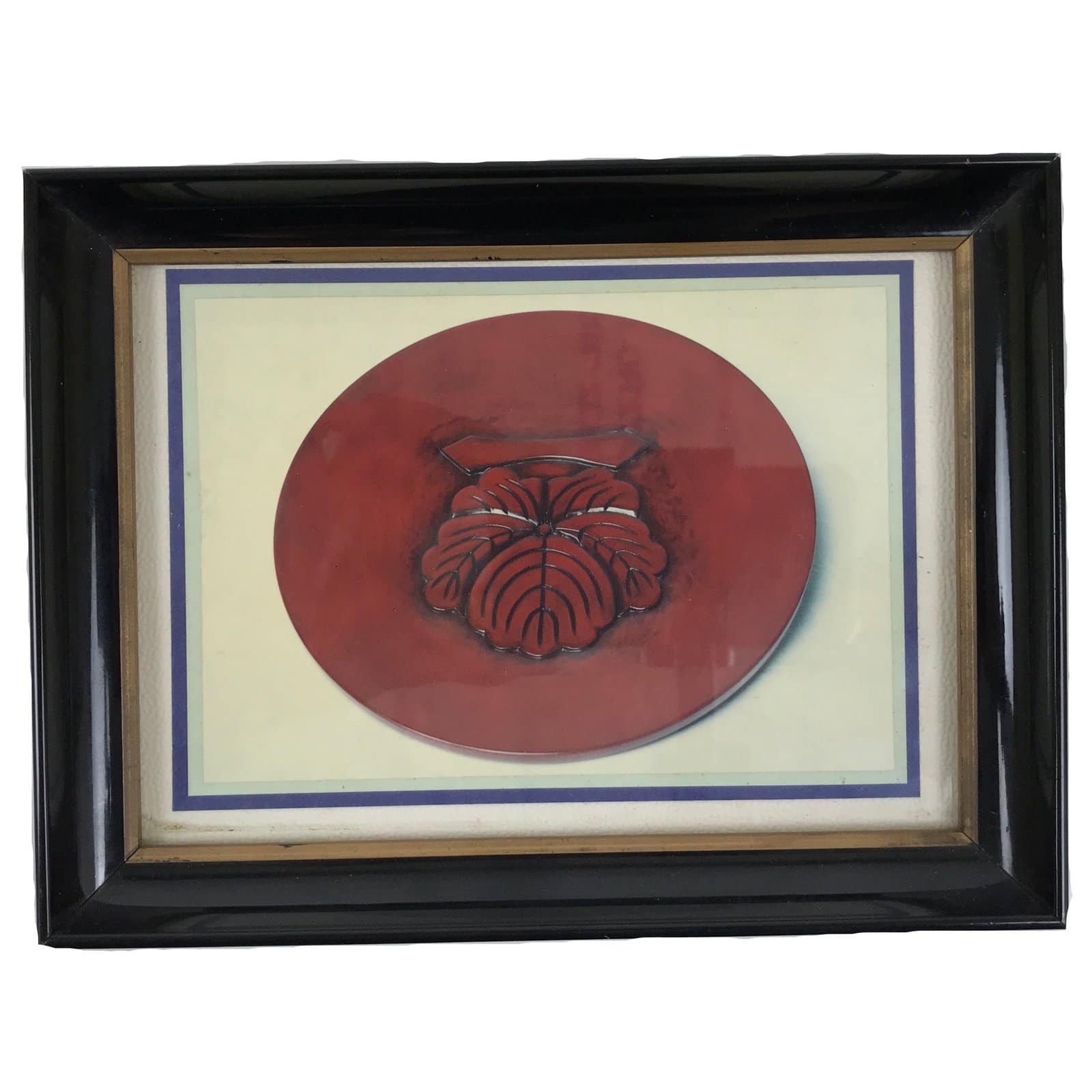 Japanese Framed Artwork Vtg Family Crest Ivy Tsuta Brown Oval Wood Glass FR34