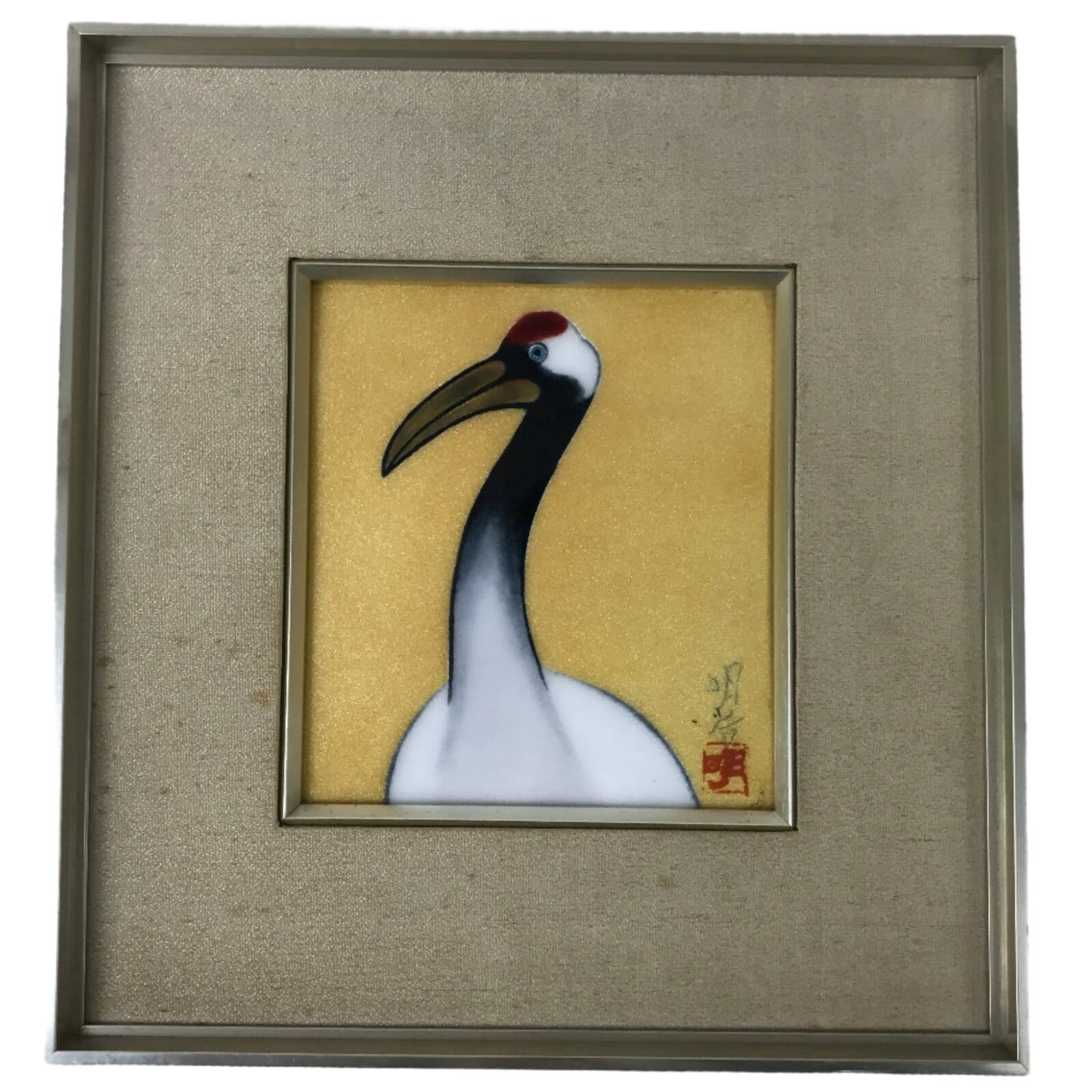 Japanese Framed Artwork Vtg Red-Crowned Crane Cloisonne Shippo Metal Silk FR29