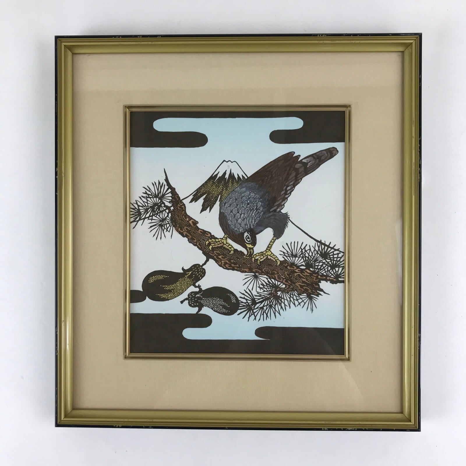Japanese Framed Colored Katagami Vtg Kimono Stencil Pine Tree Mt. Fuji Hawk FR9