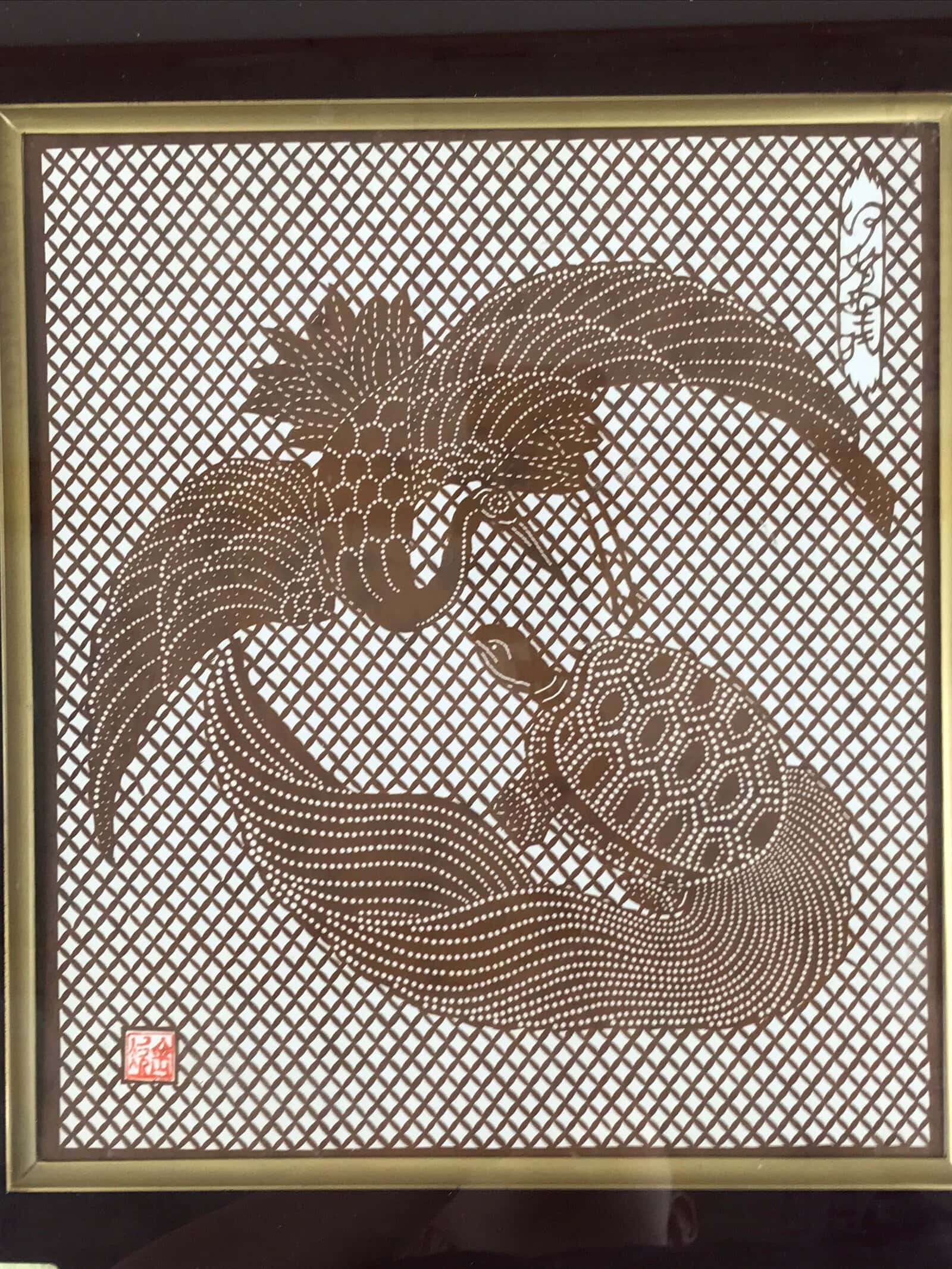Japanese Framed Ise Katagami Kimono Stencil Vtg Tsuru Crane Minogame Turtle FR33