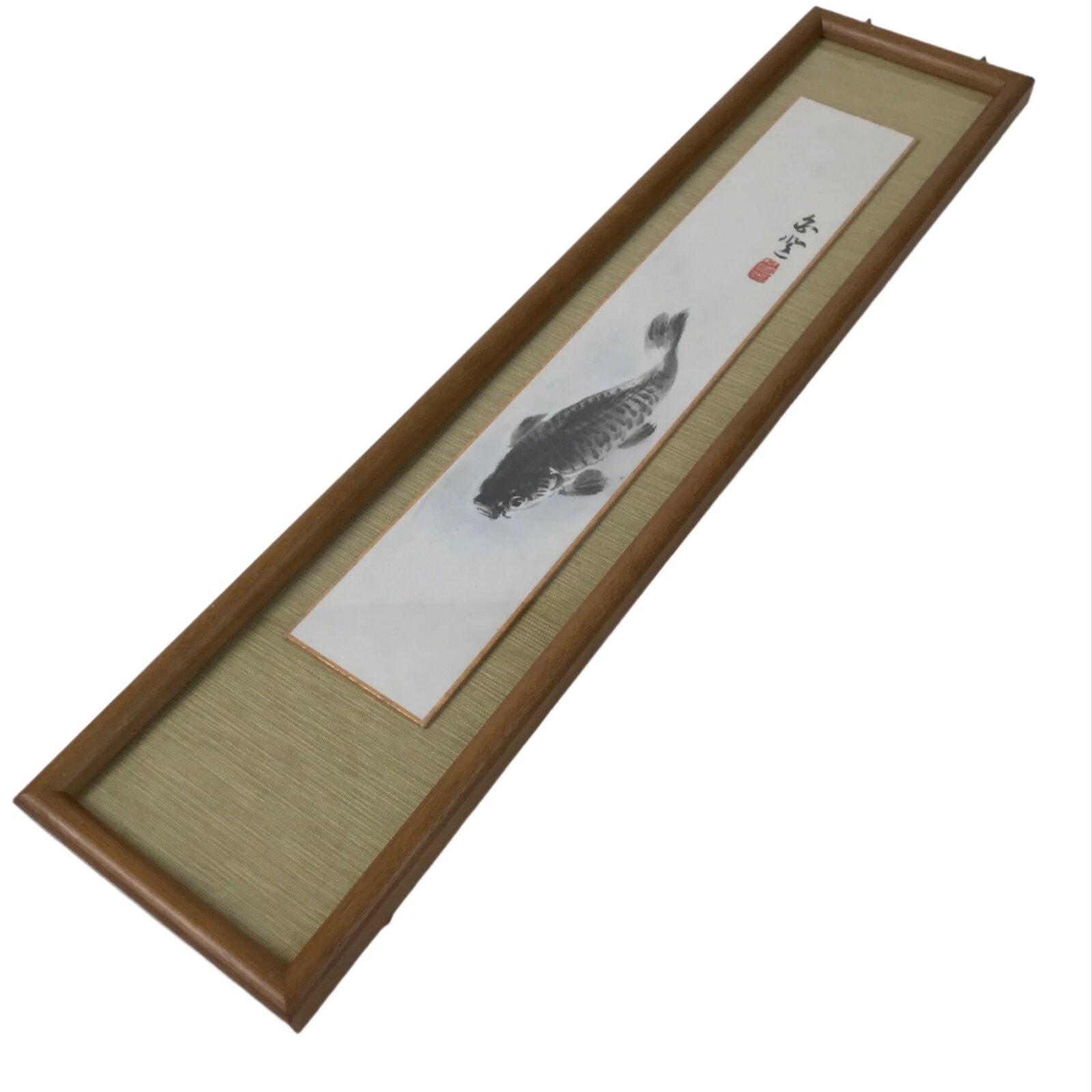 Japanese Framed Tanzaku Artwork Vtg Carp Koi Fish Black Plexiglass Panel FR28