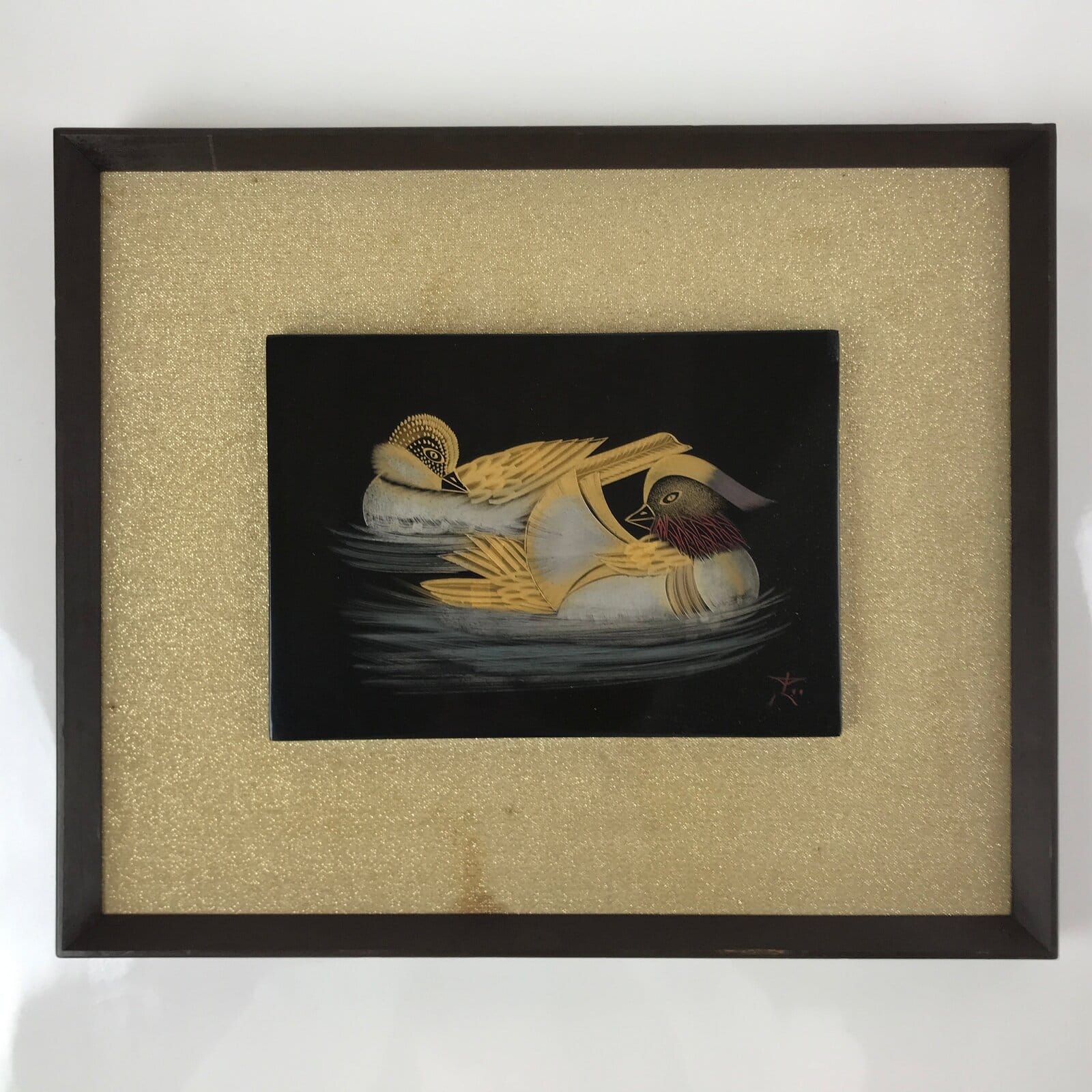 Japanese Framed Wajima Lacquerware Panel Art Vtg Makie Ducks Black Gold FR25