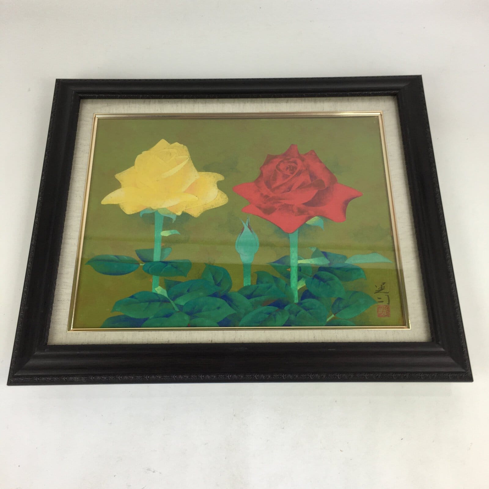 Japanese Framed painting Picture Vtg Mitsuji Asaoda Red Yellow Rose FL53