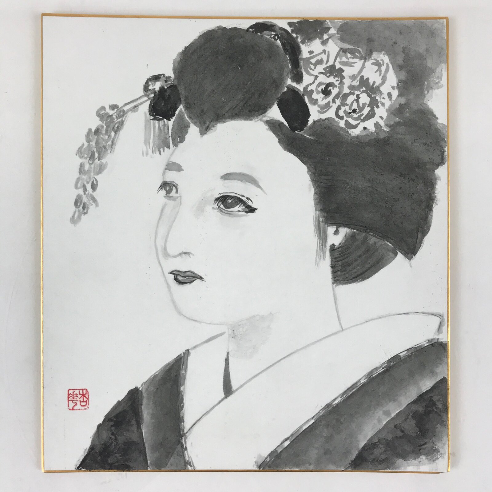 Japanese Geisha Art Board Painting Shikishi Paper Kimono Portrait Woman A494