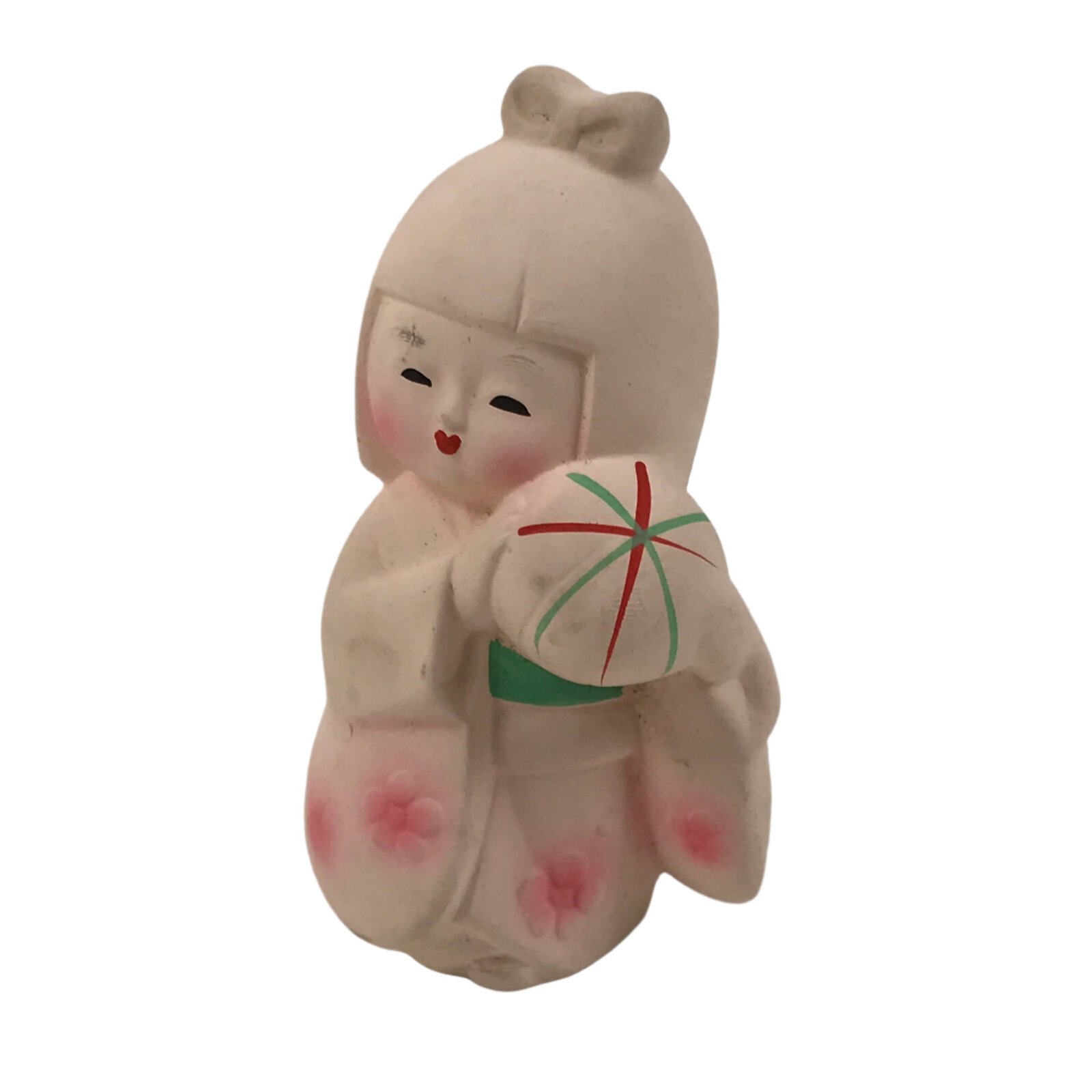 Japanese Girl Playing Ball Clay Doll Vtg Ningyo Figurine Kimono Pink ST44