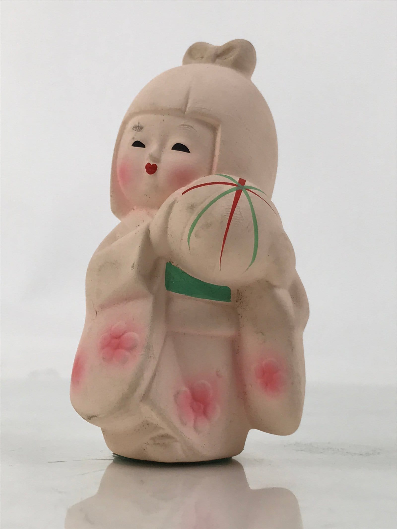 Japanese Girl Playing Ball Clay Doll Vtg Ningyo Figurine Kimono Pink ST44