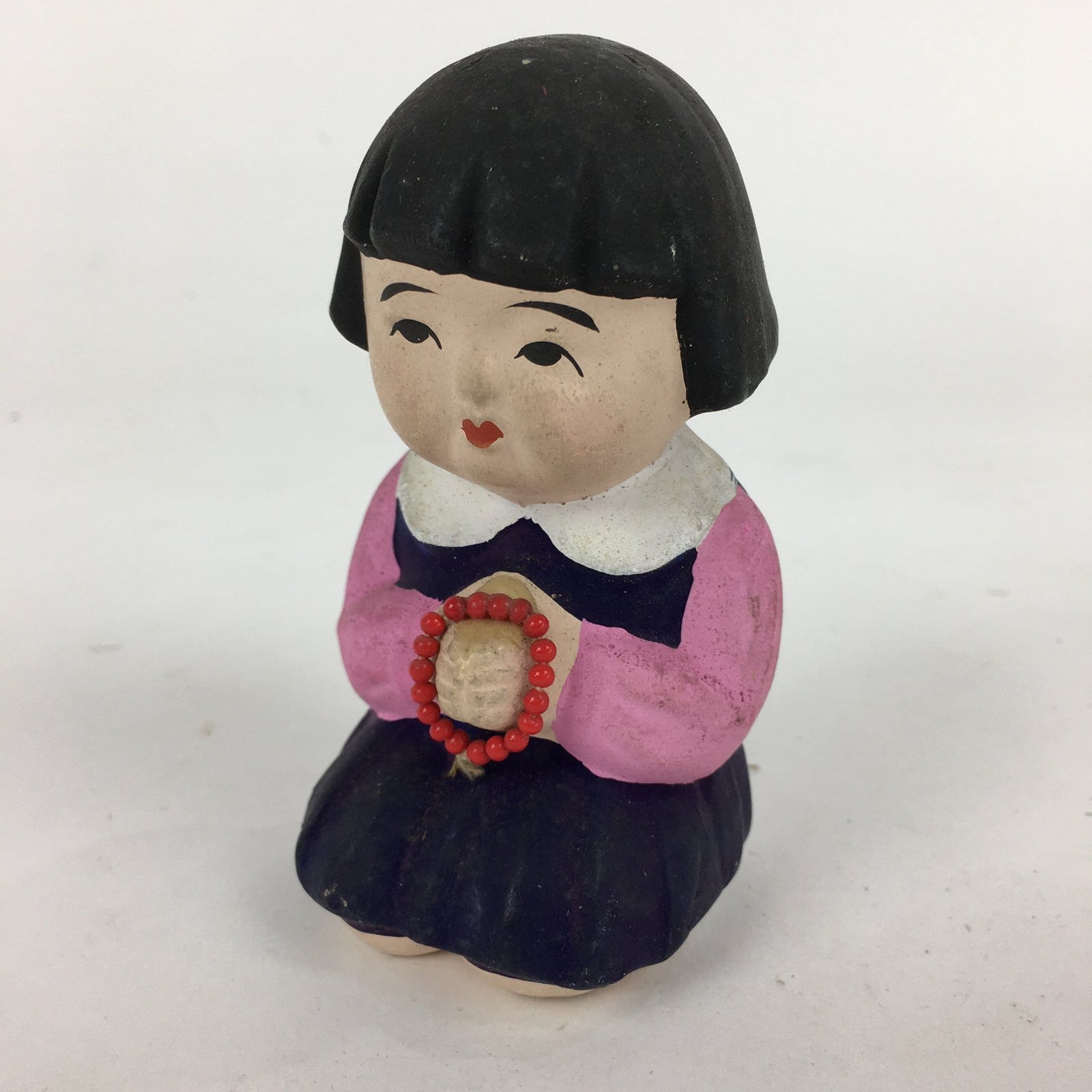 Japanese Girl Praying Clay Doll Vtg Pottery Statue Ceramic Okimono BD789