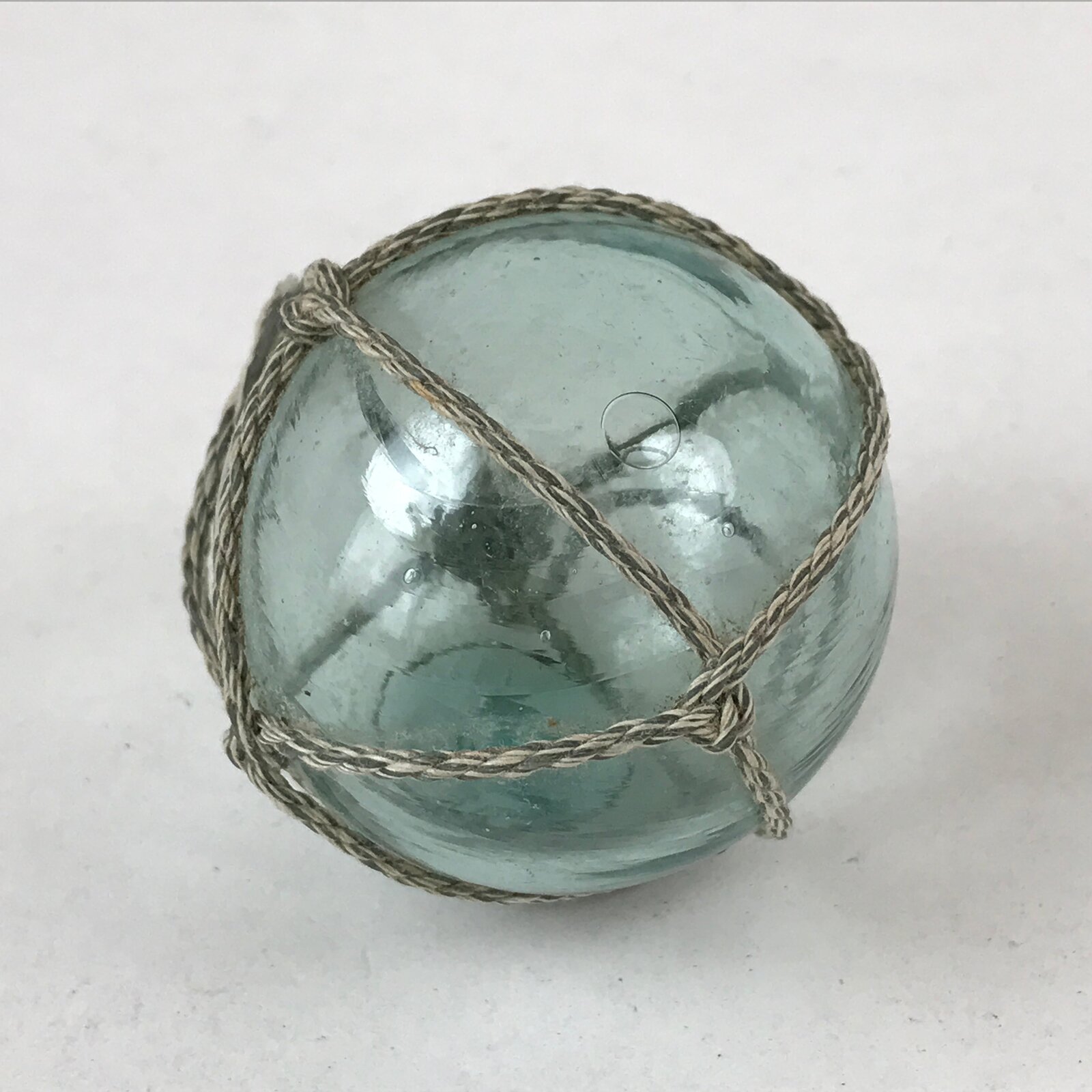 Japanese Glass Fishing Float Ukidama Buoy Ball Vtg Bindama Rope Small Blue GF20