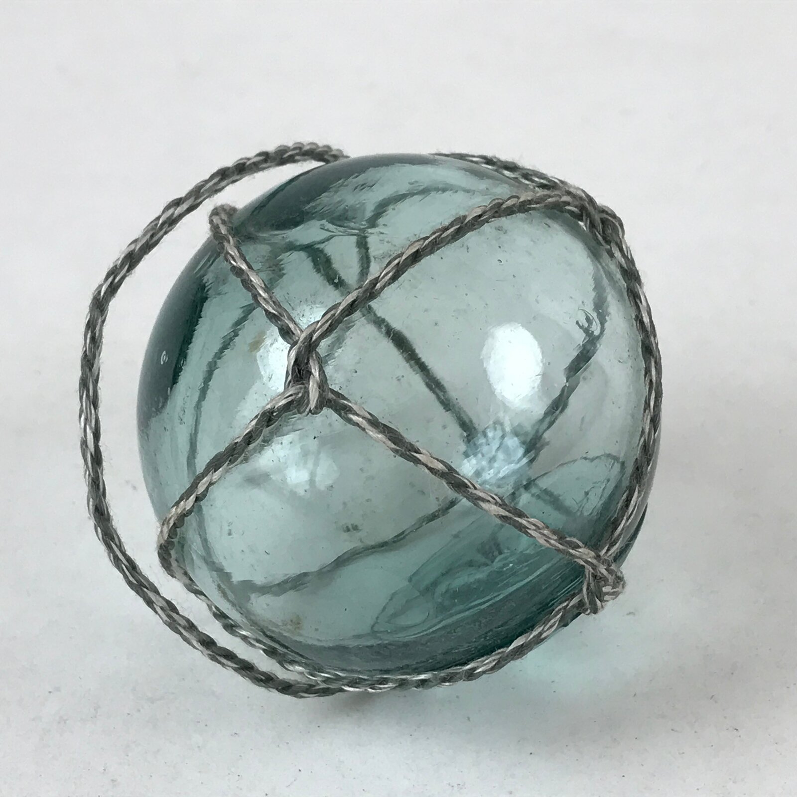 Japanese Glass Fishing Float Ukidama Buoy Ball Vtg Bindama Rope Small Blue GF22