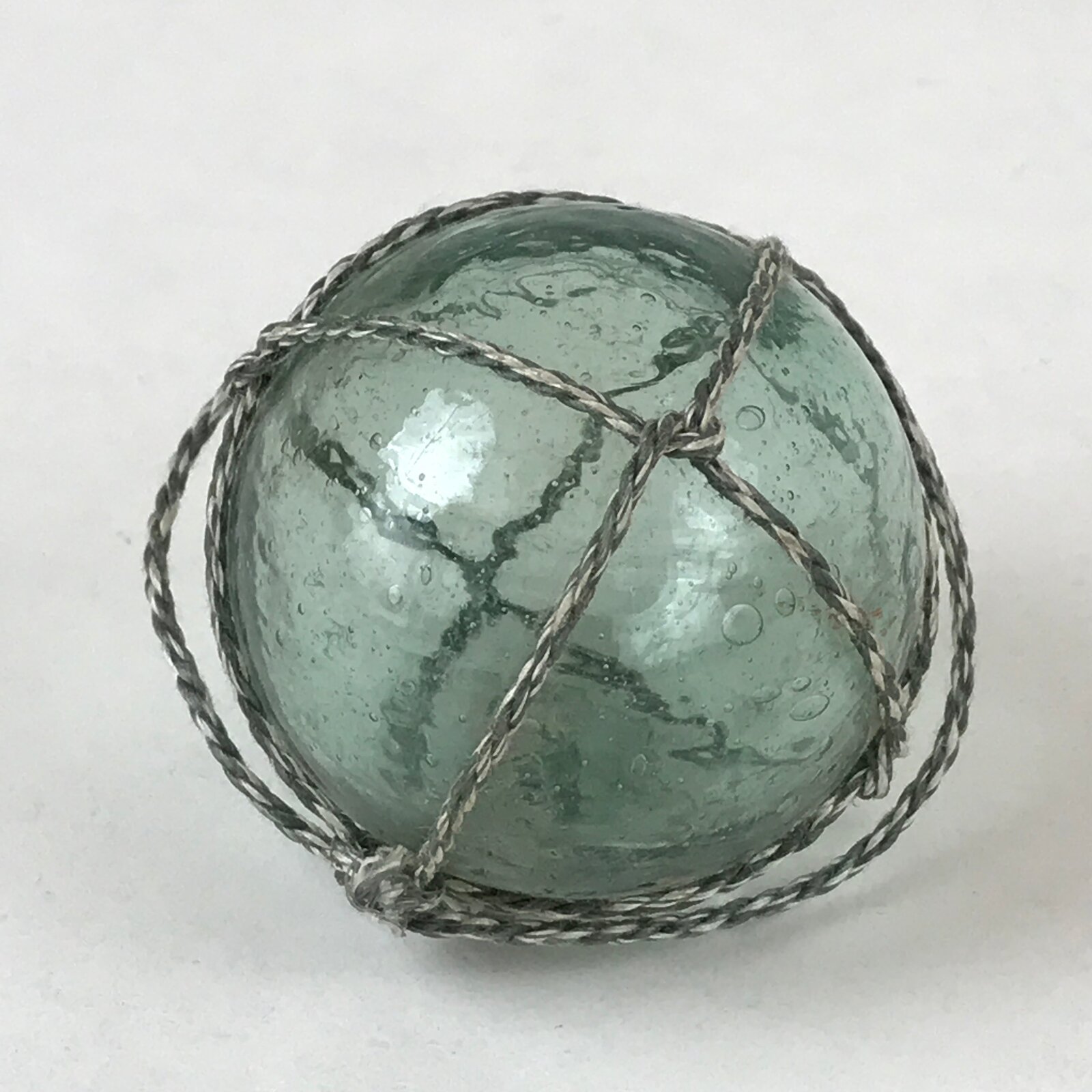 Japanese Glass Fishing Float Ukidama Buoy Ball Vtg Bindama Rope Small Blue GF24