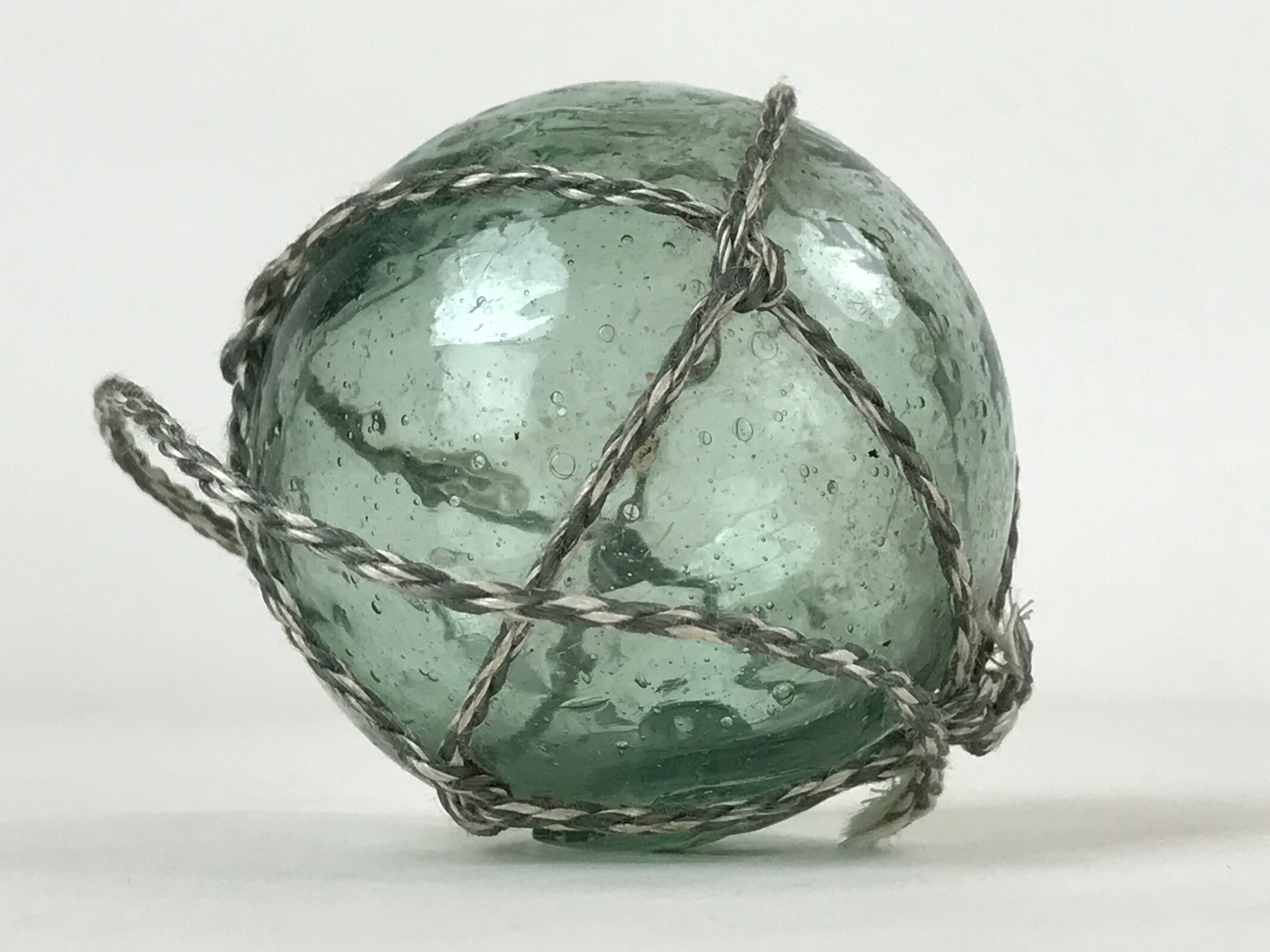 Japanese Glass Fishing Float Ukidama Buoy Ball Vtg Bindama Rope Small Blue GF24