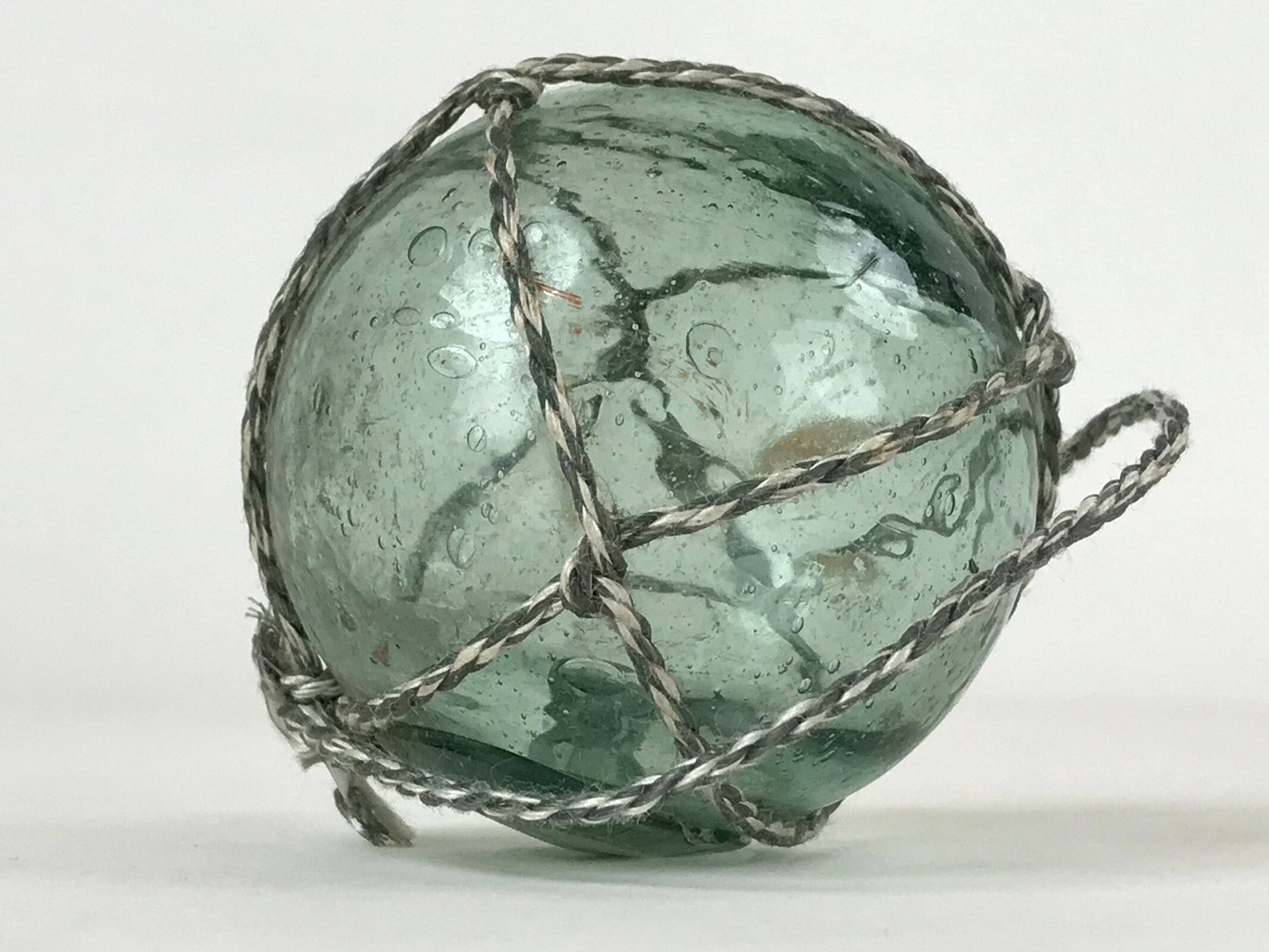 Japanese Glass Fishing Float Ukidama Buoy Ball Vtg Bindama Rope Small Blue GF24